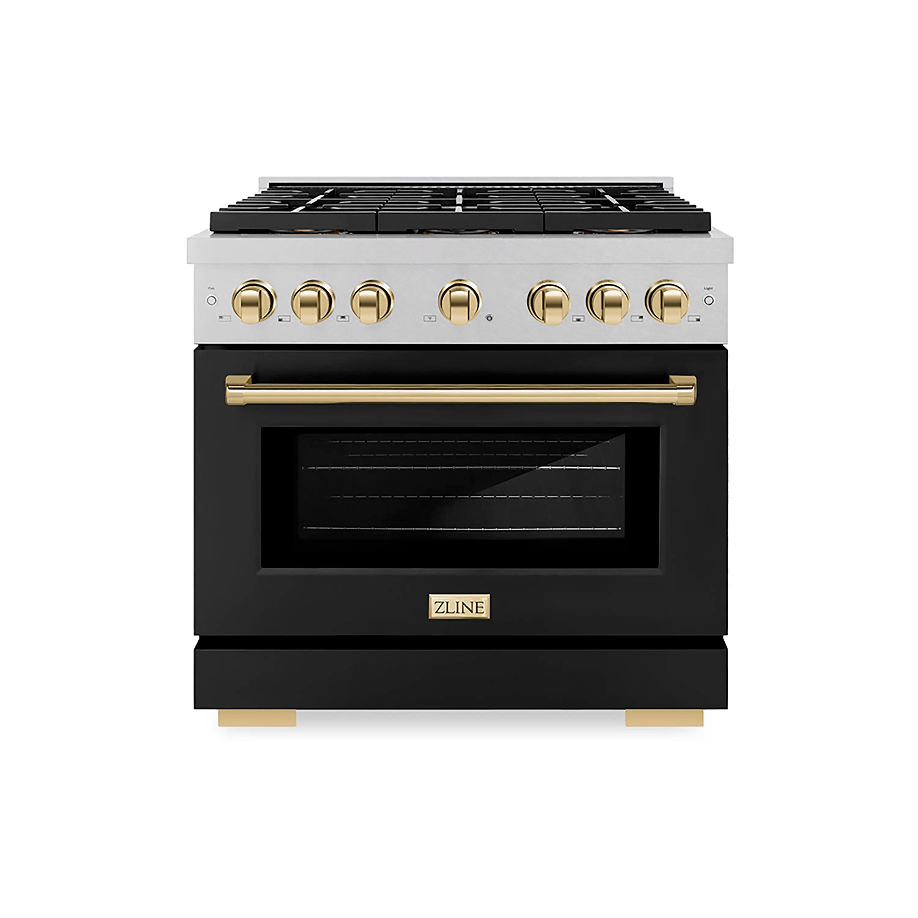 Front view of ZLINE gas range with black oven door and gold control knobs
