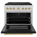 ZLINE Autograph Edition 36-Inch 5.2 cu. ft. Paramount Gas Range with 6 Burner DuoPro™ Cooktop and Convection Gas Oven in Satin Stainless Steel with Black Matte Door and Polished Gold Accents (PSGRSZ-BLM36-G)