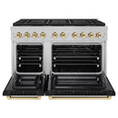 ZLINE Autograph Edition 48-Inch 6.7 cu. ft. Paramount Gas Range with 8 Burner DuoPro™ Cooktop and Dual Ovens in Satin Stainless Steel with Black Matte Doors and Polished Gold Accents (PSGRSZ-BLM48-G)