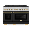 ZLINE Autograph Edition 48-Inch 6.7 cu. ft. Paramount Gas Range with 8 Burner DuoPro™ Cooktop and Dual Ovens in Satin Stainless Steel with Black Matte Doors and Polished Gold Accents (PSGRSZ-BLM48-G)