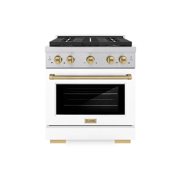 ZLINE Autograph Edition 30-Inch 4.2 cu. ft. Paramount Gas Range with 4 Burner DuoPro™ Cooktop and Convection Gas Oven in Satin Stainless Steel with White Matte Door and Champagne Bronze Accents (PSGRSZ-WM-30-CB)
