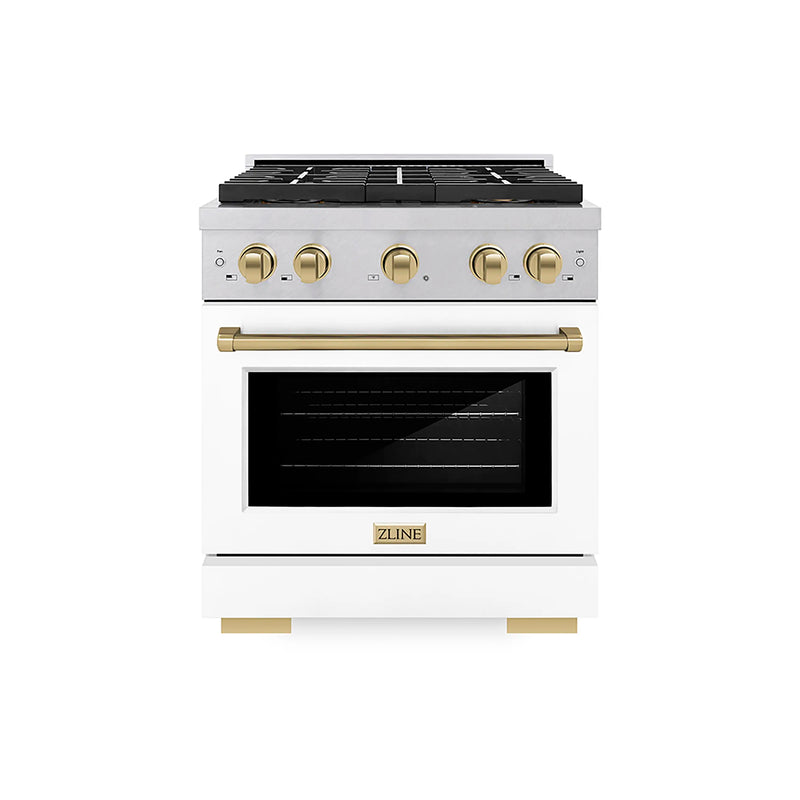 ZLINE Autograph Edition 30-Inch 4.2 cu. ft. Paramount Gas Range with 4 Burner DuoPro™ Cooktop and Convection Gas Oven in Satin Stainless Steel with White Matte Door and Champagne Bronze Accents (PSGRSZ-WM-30-CB)