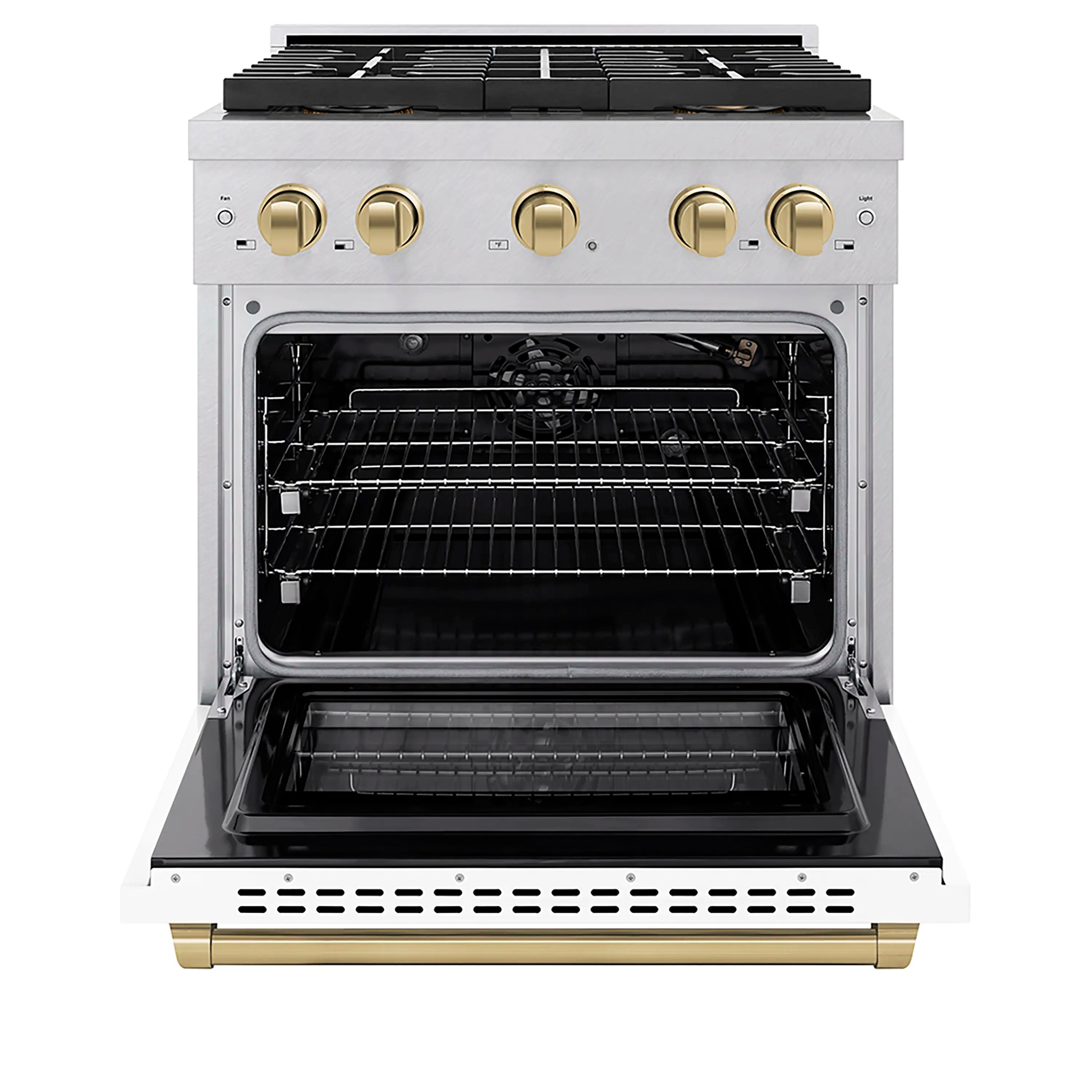Gas range with open convection oven, visible racks, and black oven interior.