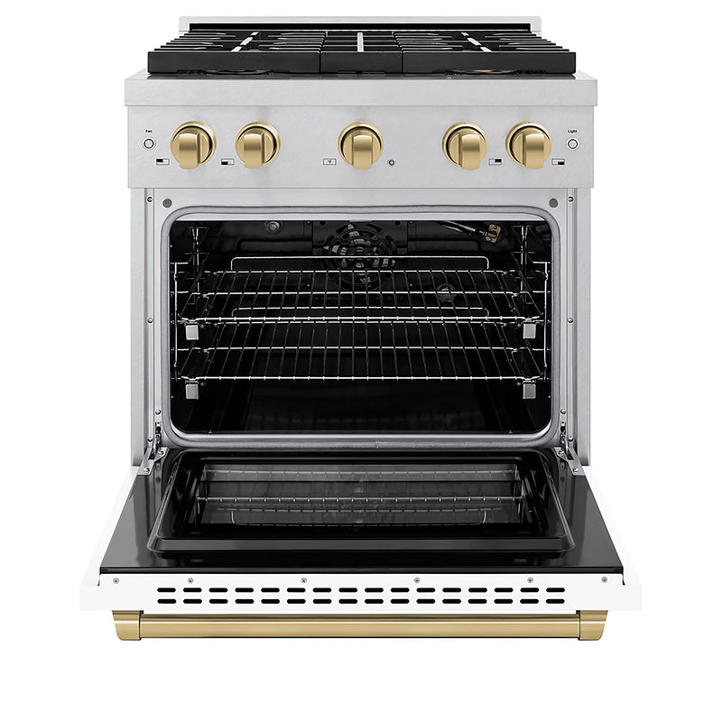 ZLINE Autograph Edition 30-Inch 4.2 cu. ft. Paramount Gas Range with 4 Burner DuoPro™ Cooktop and Convection Gas Oven in Satin Stainless Steel with White Matte Door and Champagne Bronze Accents (PSGRSZ-WM-30-CB)