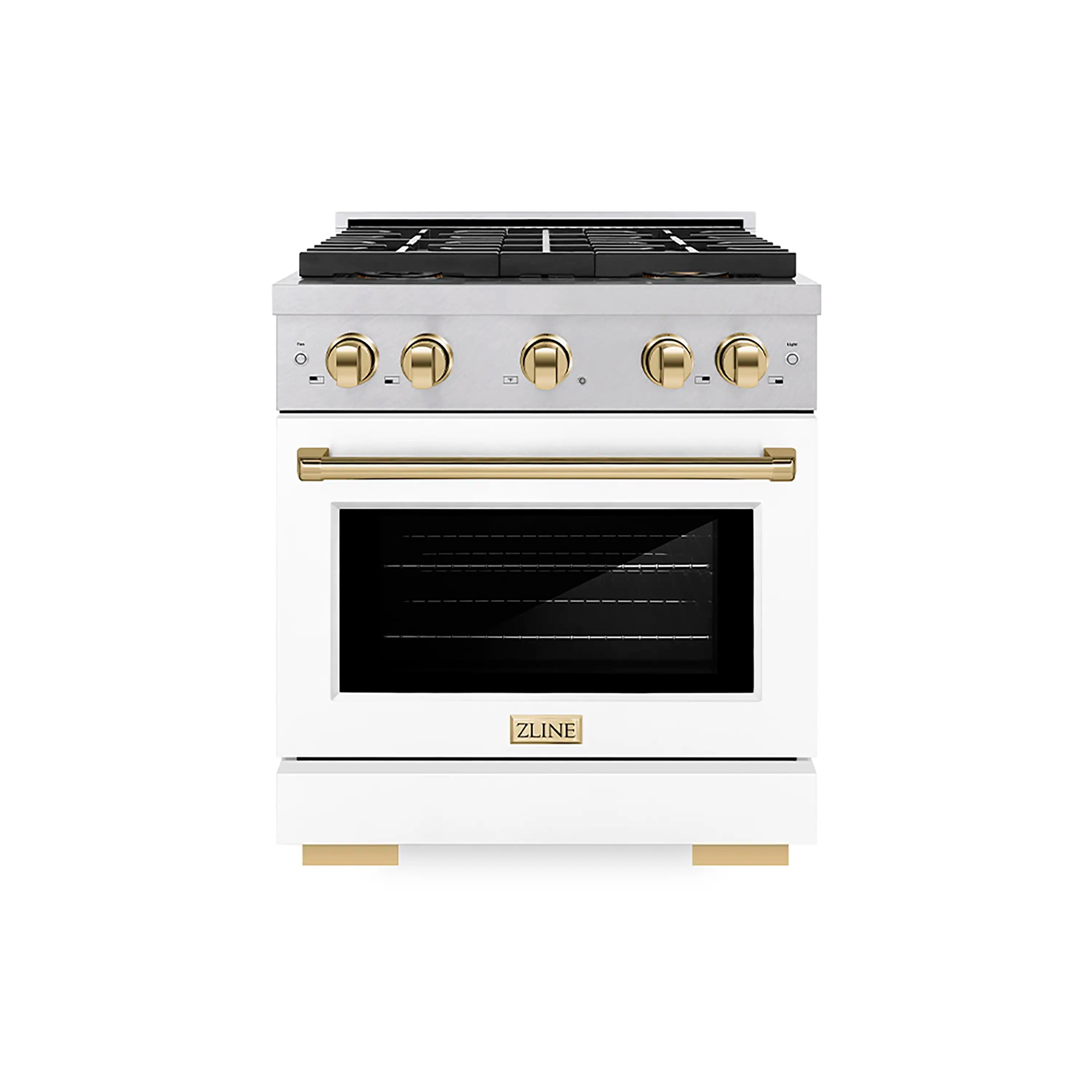 Gas range exterior with satin stainless finish, black top grates, and gold knobs