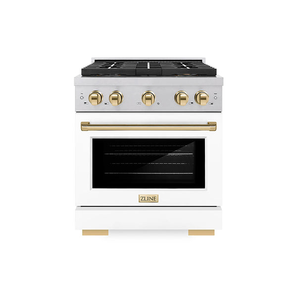 ZLINE Autograph Edition 30-Inch 4.2 cu. ft. Paramount Gas Range with 4 Burner DuoPro™ Cooktop and Convection Gas Oven in Satin Stainless Steel with White Matte Door and Polished Gold Accents (PSGRSZ-WM-30-G)
