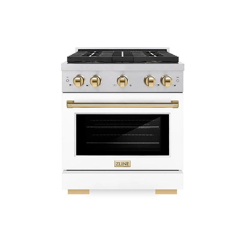 ZLINE Autograph Edition 30-Inch 4.2 cu. ft. Paramount Gas Range with 4 Burner DuoPro™ Cooktop and Convection Gas Oven in Satin Stainless Steel with White Matte Door and Polished Gold Accents (PSGRSZ-WM-30-G)