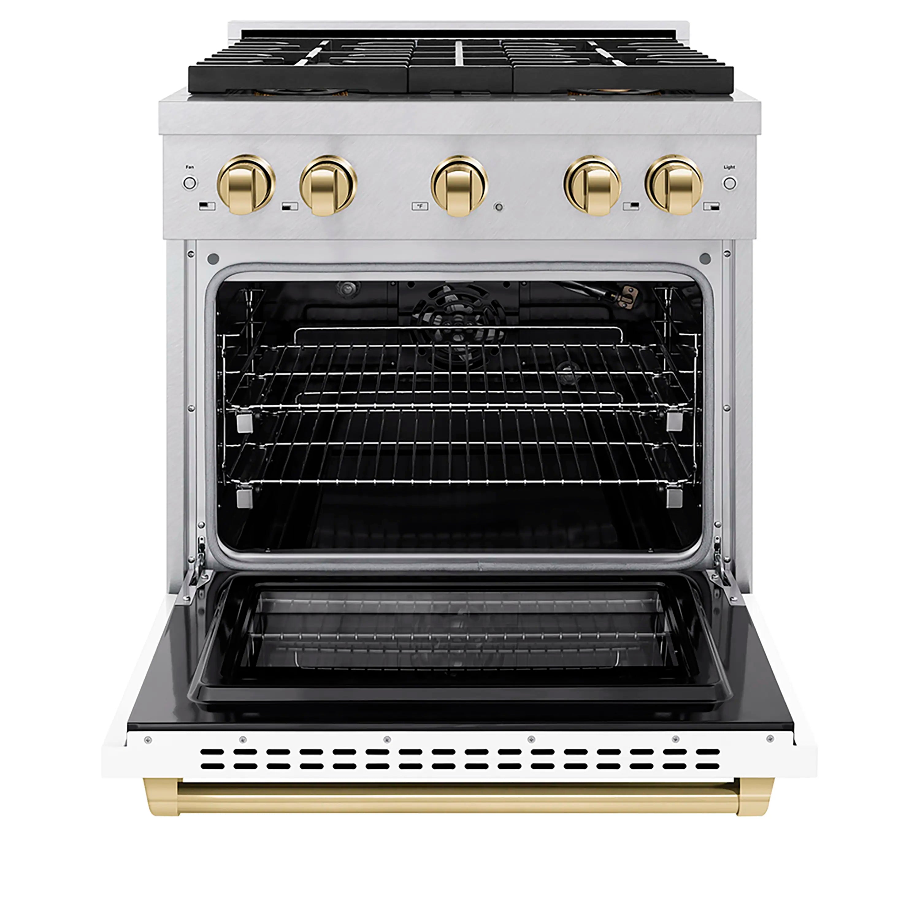 Gas oven door open, showing black oven cavity and grill rack