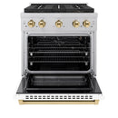 ZLINE Autograph Edition 30-Inch 4.2 cu. ft. Paramount Gas Range with 4 Burner DuoPro™ Cooktop and Convection Gas Oven in Satin Stainless Steel with White Matte Door and Polished Gold Accents (PSGRSZ-WM-30-G)