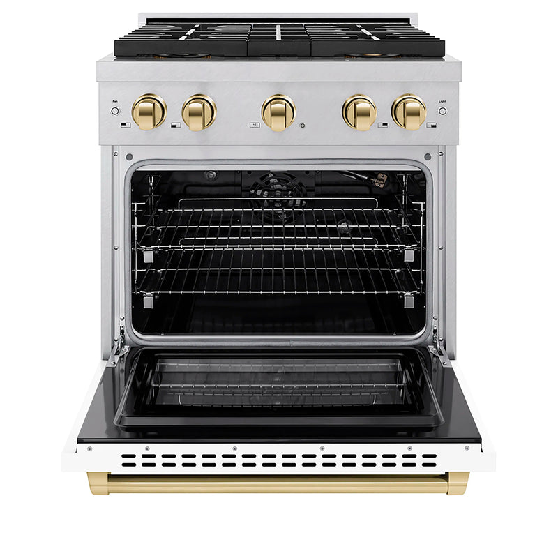 ZLINE Autograph Edition 30-Inch 4.2 cu. ft. Paramount Gas Range with 4 Burner DuoPro™ Cooktop and Convection Gas Oven in Satin Stainless Steel with White Matte Door and Polished Gold Accents (PSGRSZ-WM-30-G)