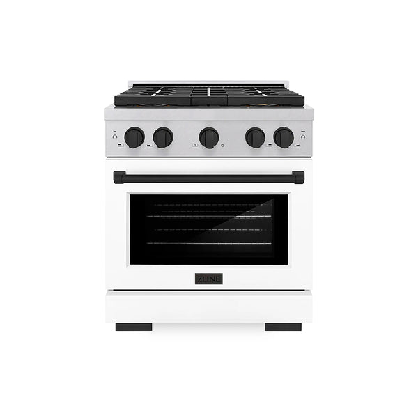 ZLINE Autograph Edition 30-Inch 4.2 cu. ft. Paramount Gas Range with 4 Burner DuoPro™ Cooktop and Convection Gas Oven in Satin Stainless Steel with White Matte Door and Matte Black Accents (PSGRSZ-WM-30-MB)
