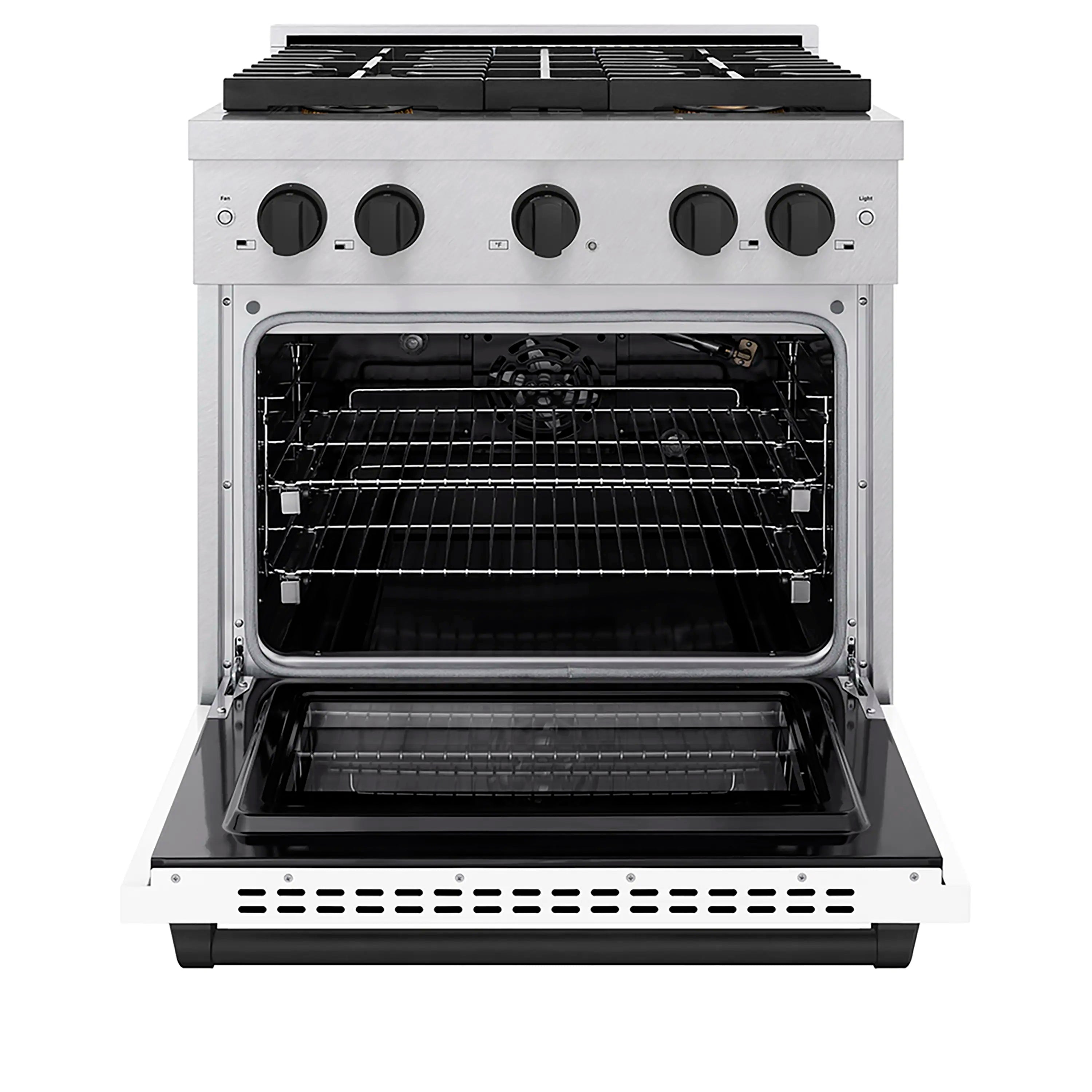 Satin stainless steel 30-inch gas range with open convection oven door
