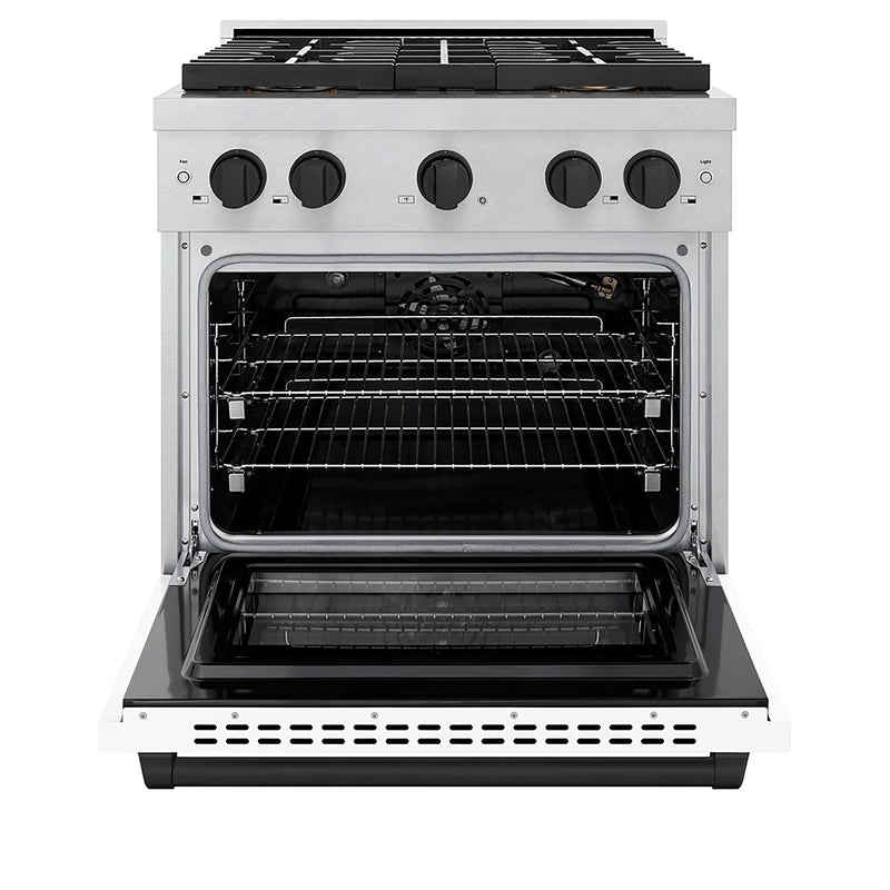 ZLINE Autograph Edition 30-Inch 4.2 cu. ft. Paramount Gas Range with 4 Burner DuoPro™ Cooktop and Convection Gas Oven in Satin Stainless Steel with White Matte Door and Matte Black Accents (PSGRSZ-WM-30-MB)