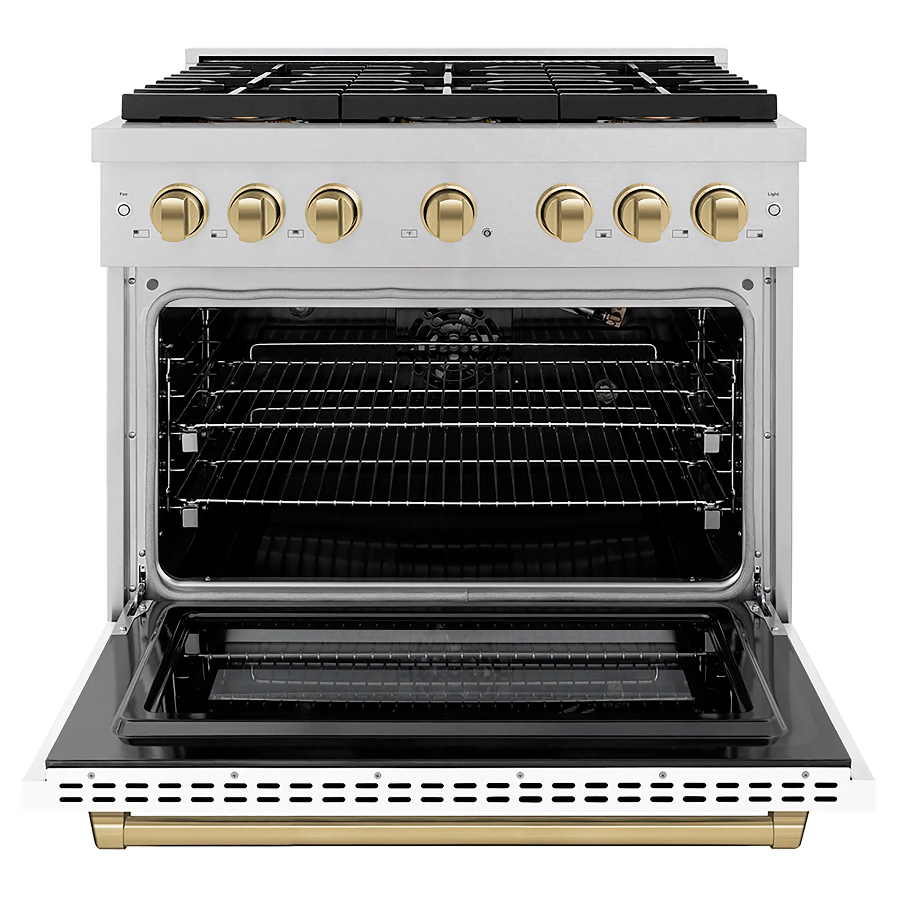 Gas range with open oven door showing interior racks, satin stainless steel and brass trim