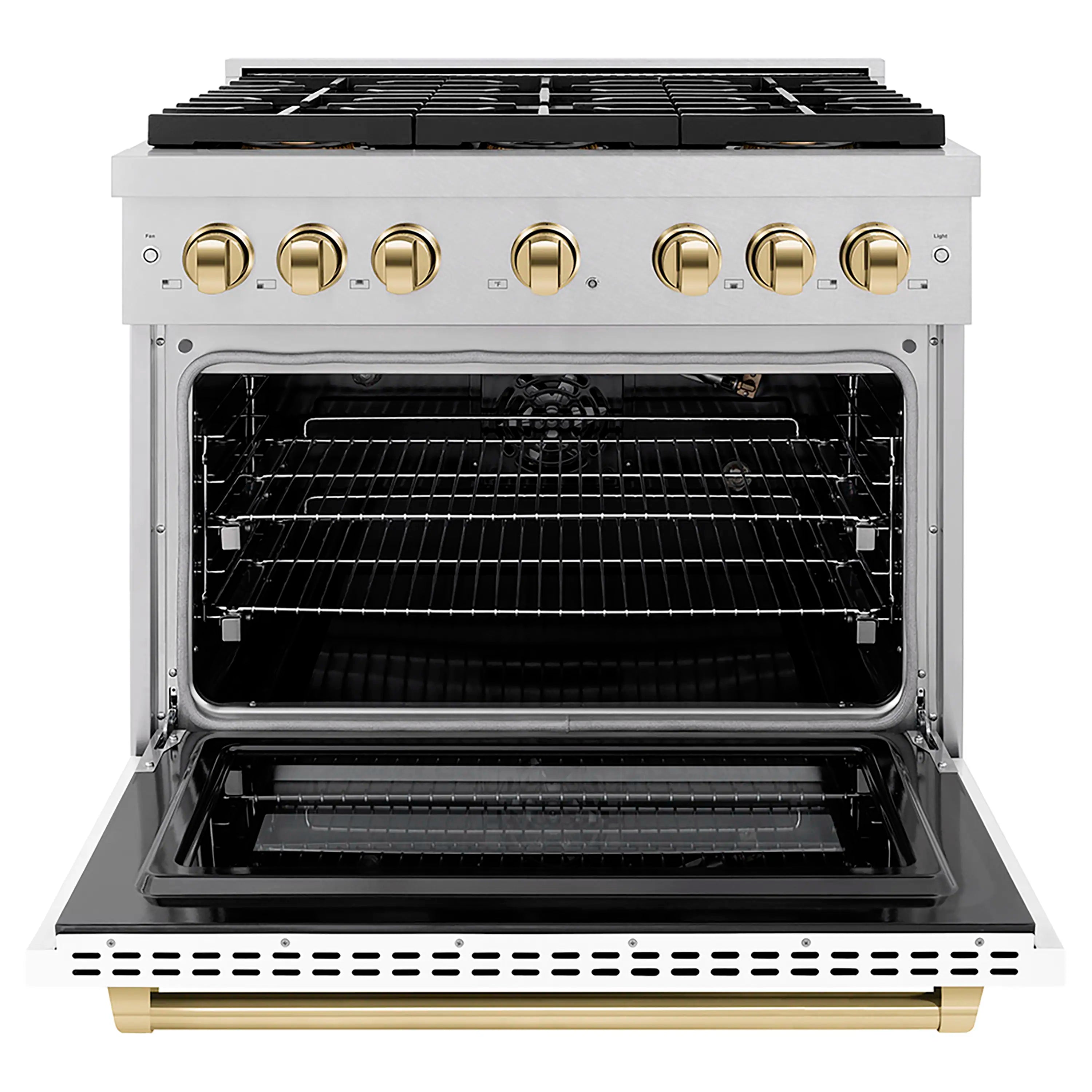Gas range with open oven door showing black racks, satin stainless exterior