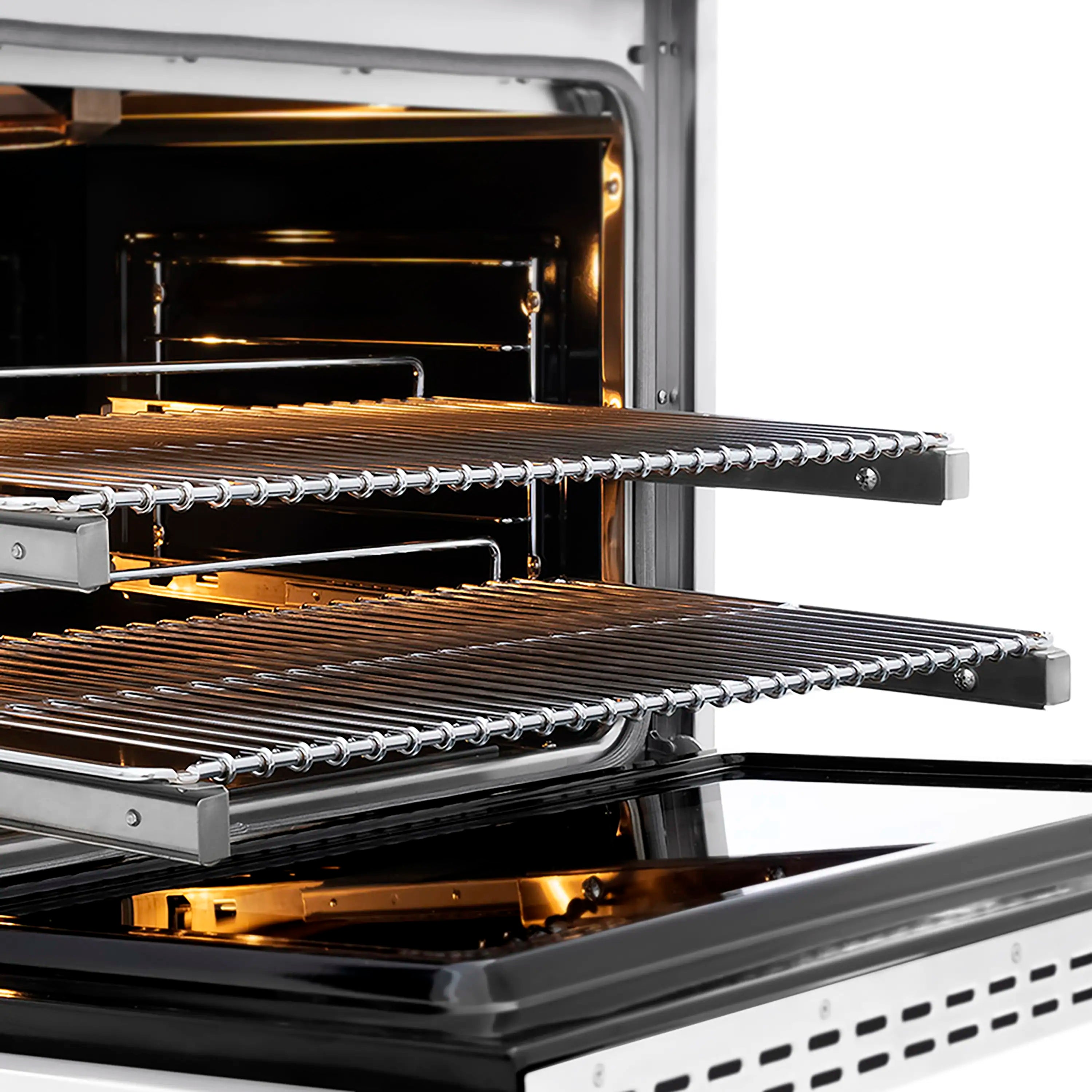 Gas convection oven with wire racks extended and illuminated broiler interior