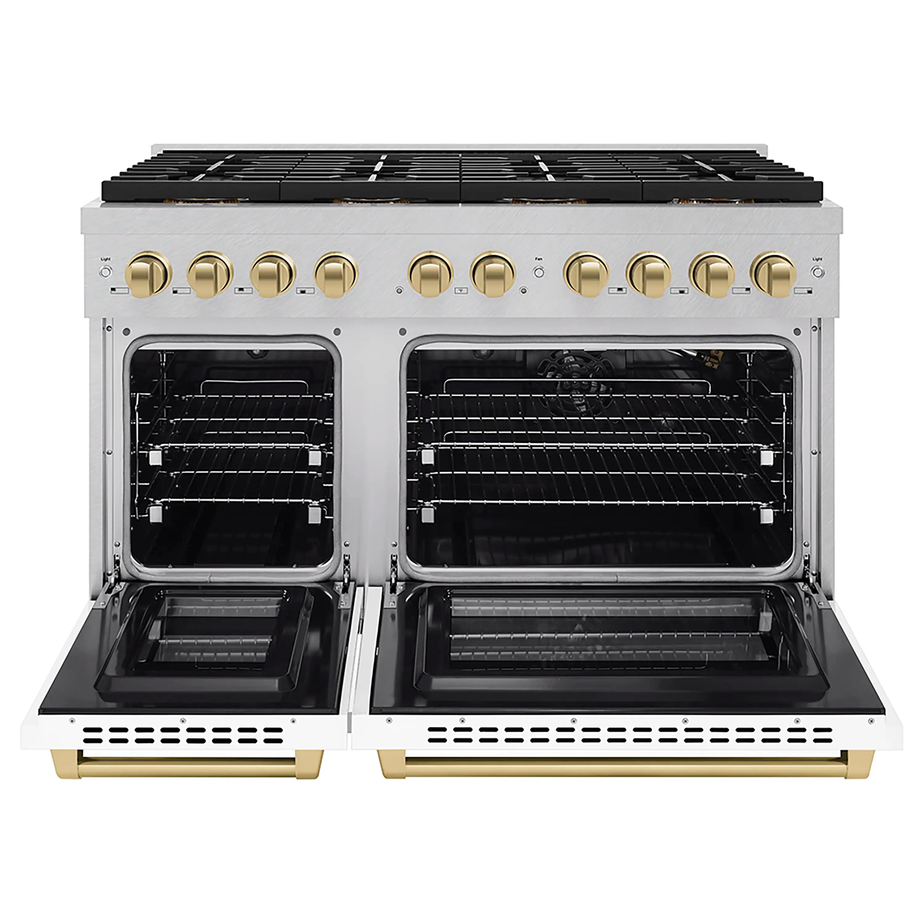 Stainless gas range with dual open ovens and oven racks, gold-tone drawer fronts