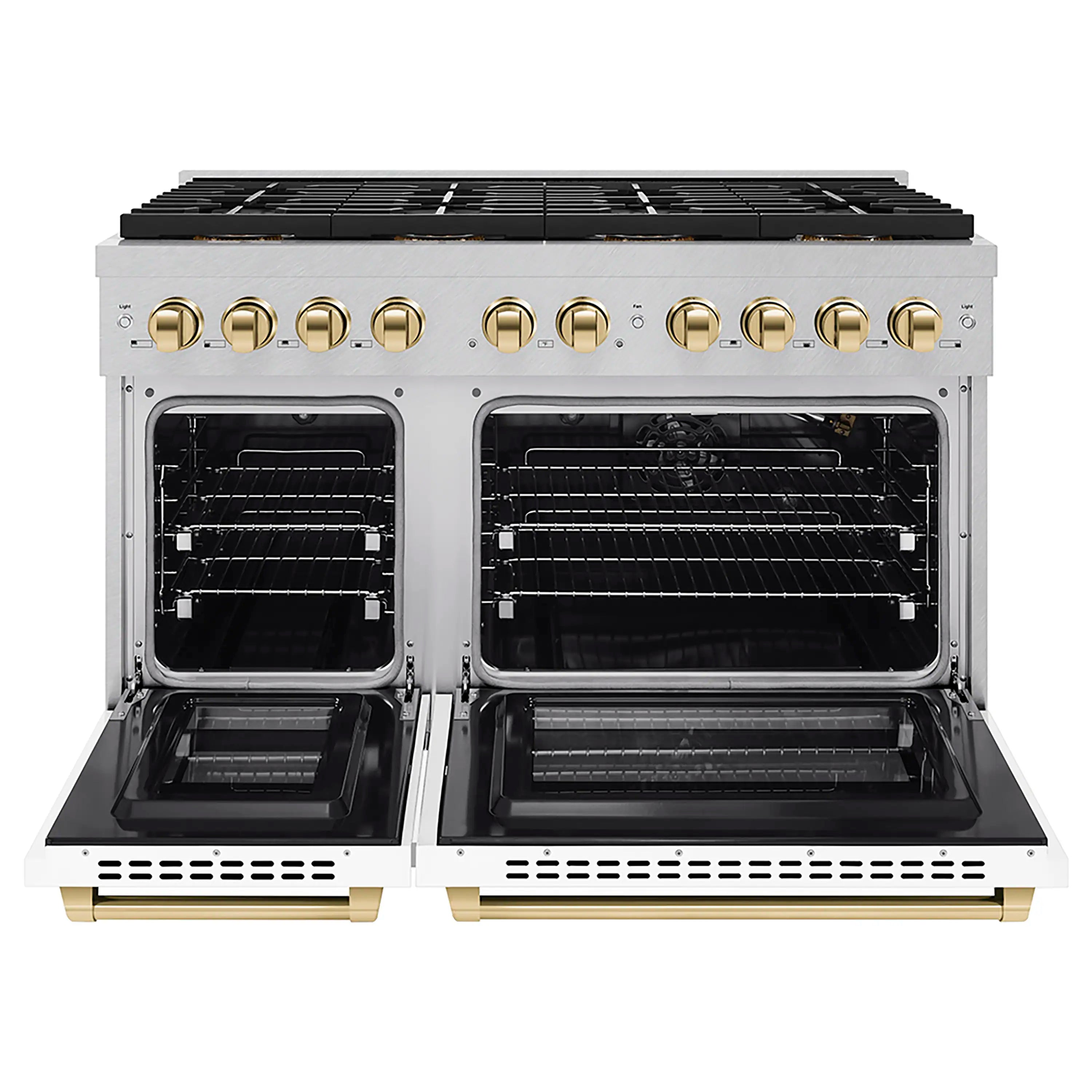 Dual-oven gas range with both oven doors open, showing wire racks
