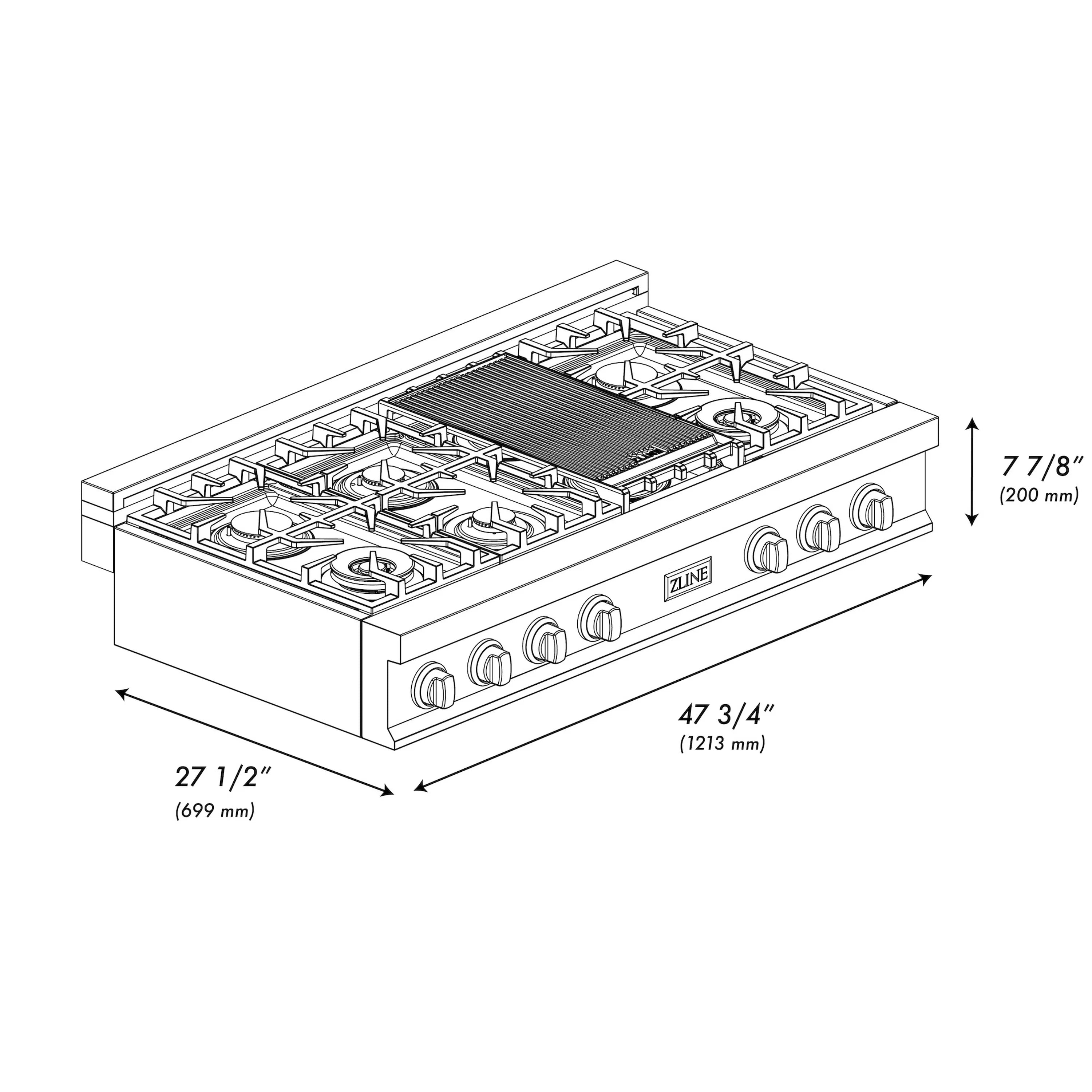 Gas stovetop cutaway diagram showing burners, griddle, and control layout