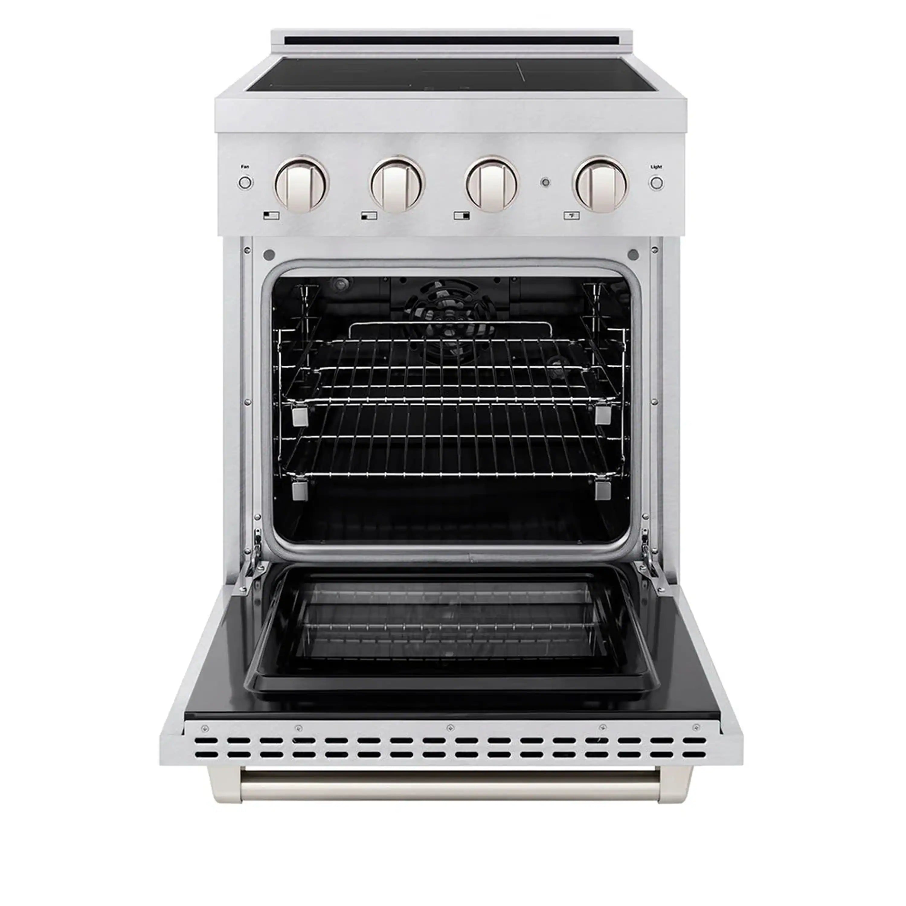 Induction range with electric convection oven door open showing wire racks