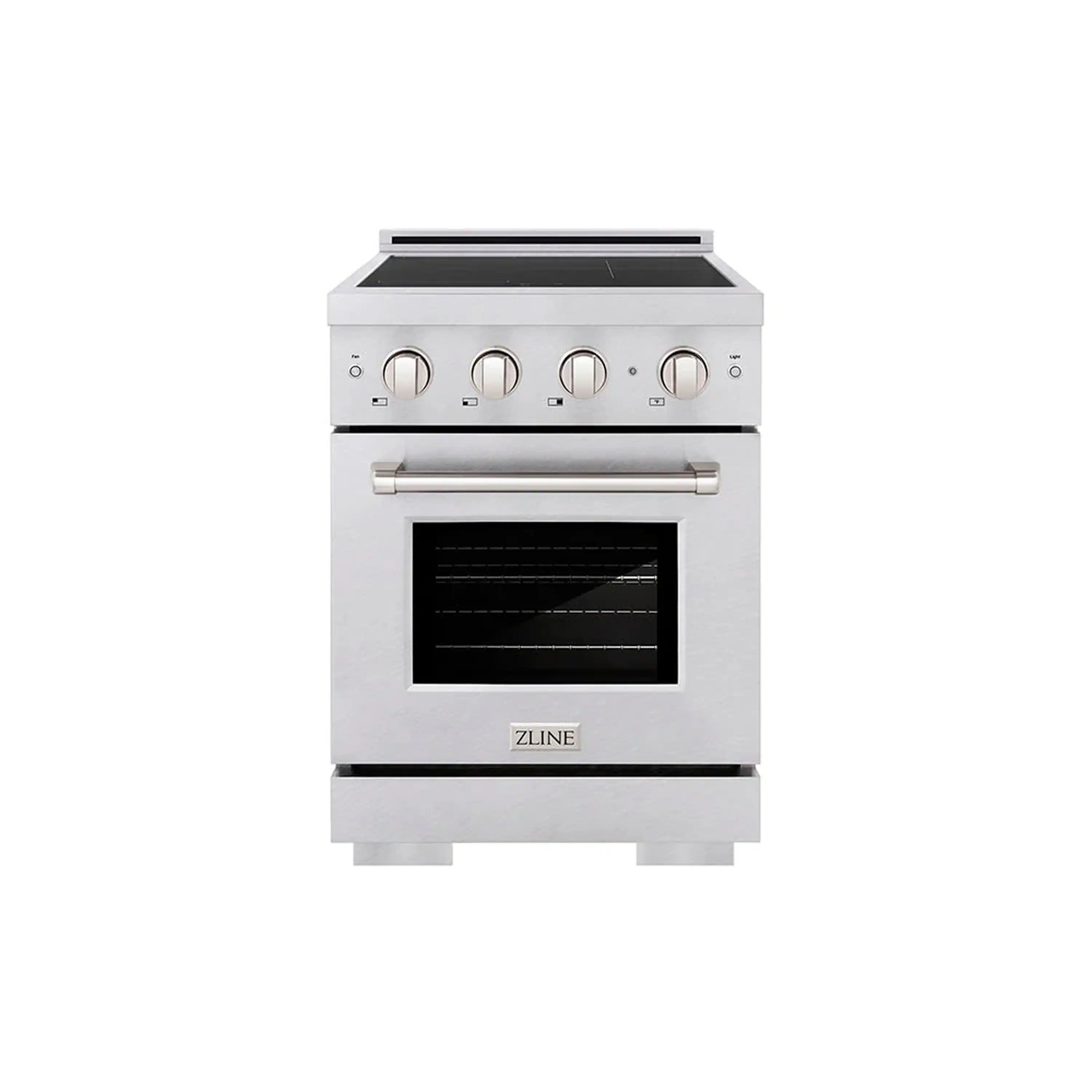Satin stainless steel induction range with closed oven door and control knobs