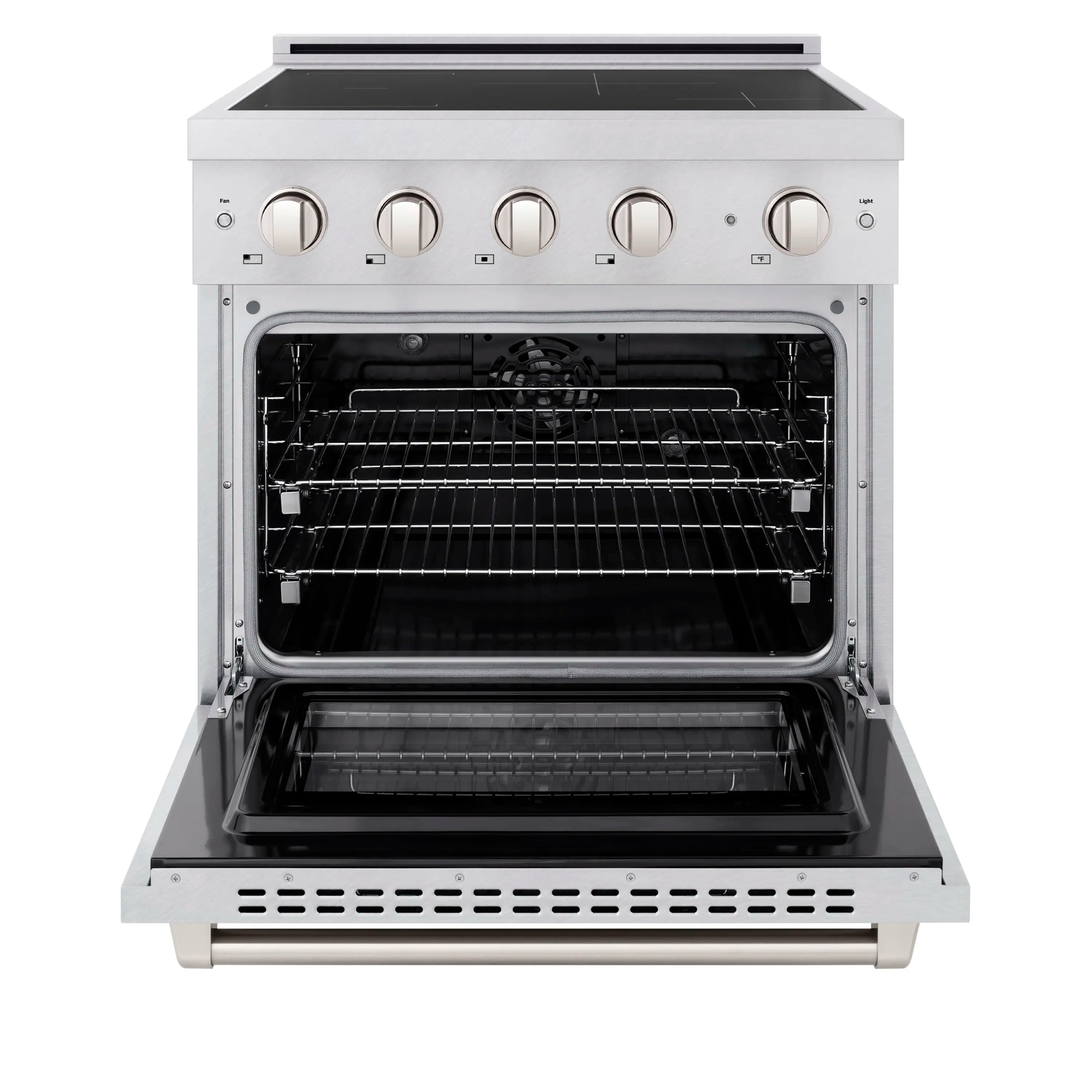 Satin stainless electric induction range with open convection oven door, front view.