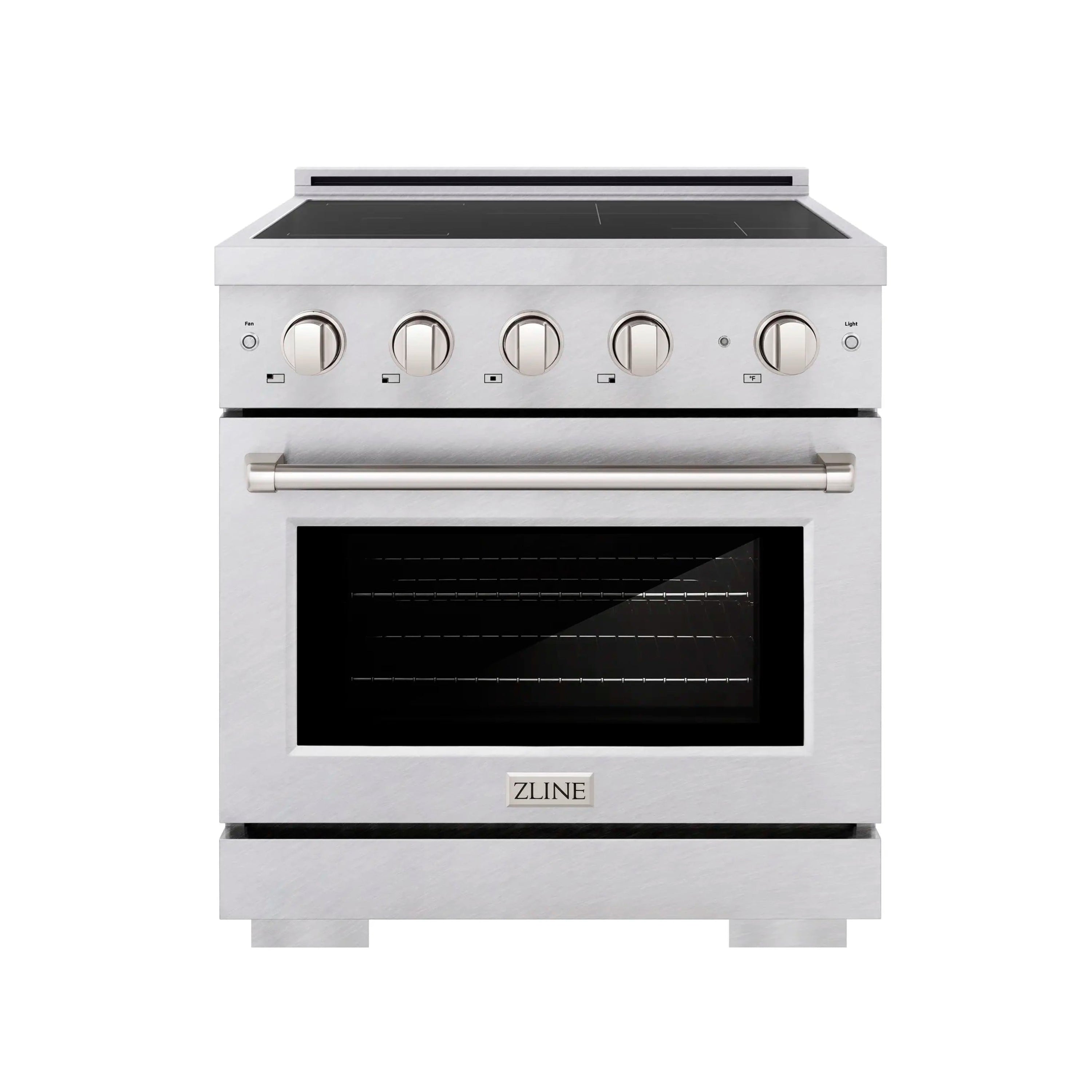 Satin stainless induction range with cooktop knobs and oven door, front view.