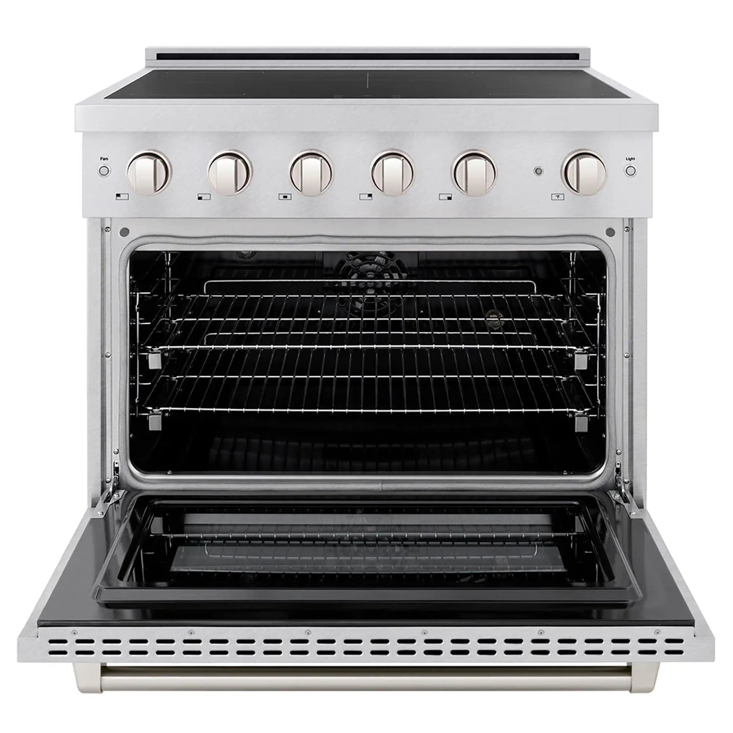 ZLINE induction range with satin stainless steel, open oven and racks