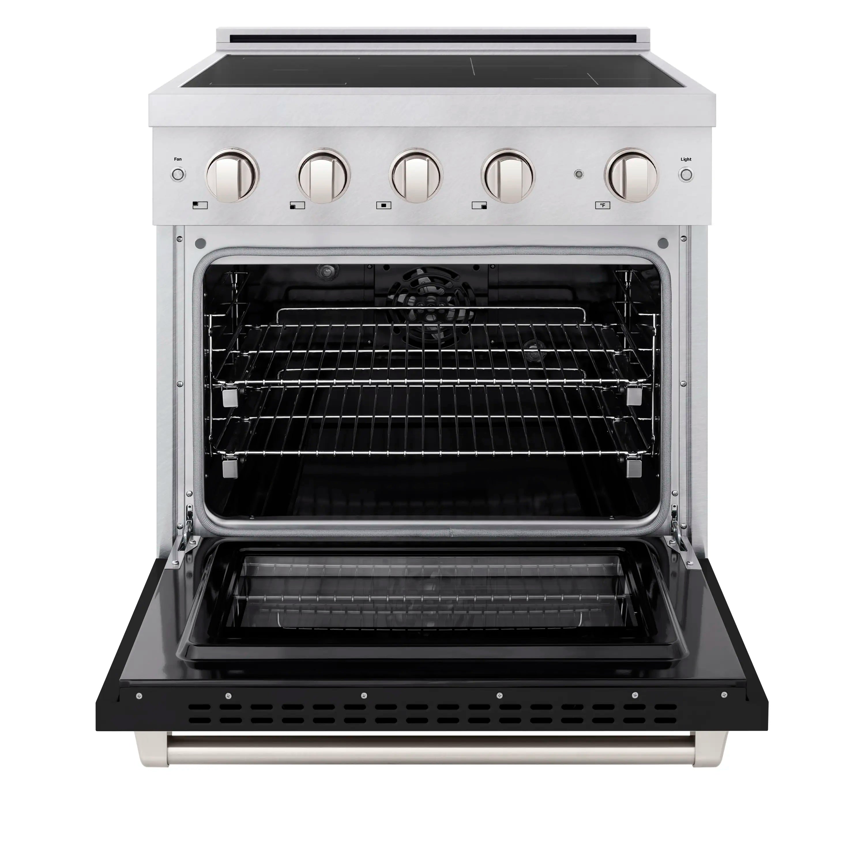 Open electric convection oven cavity with wire rack and interior hardware