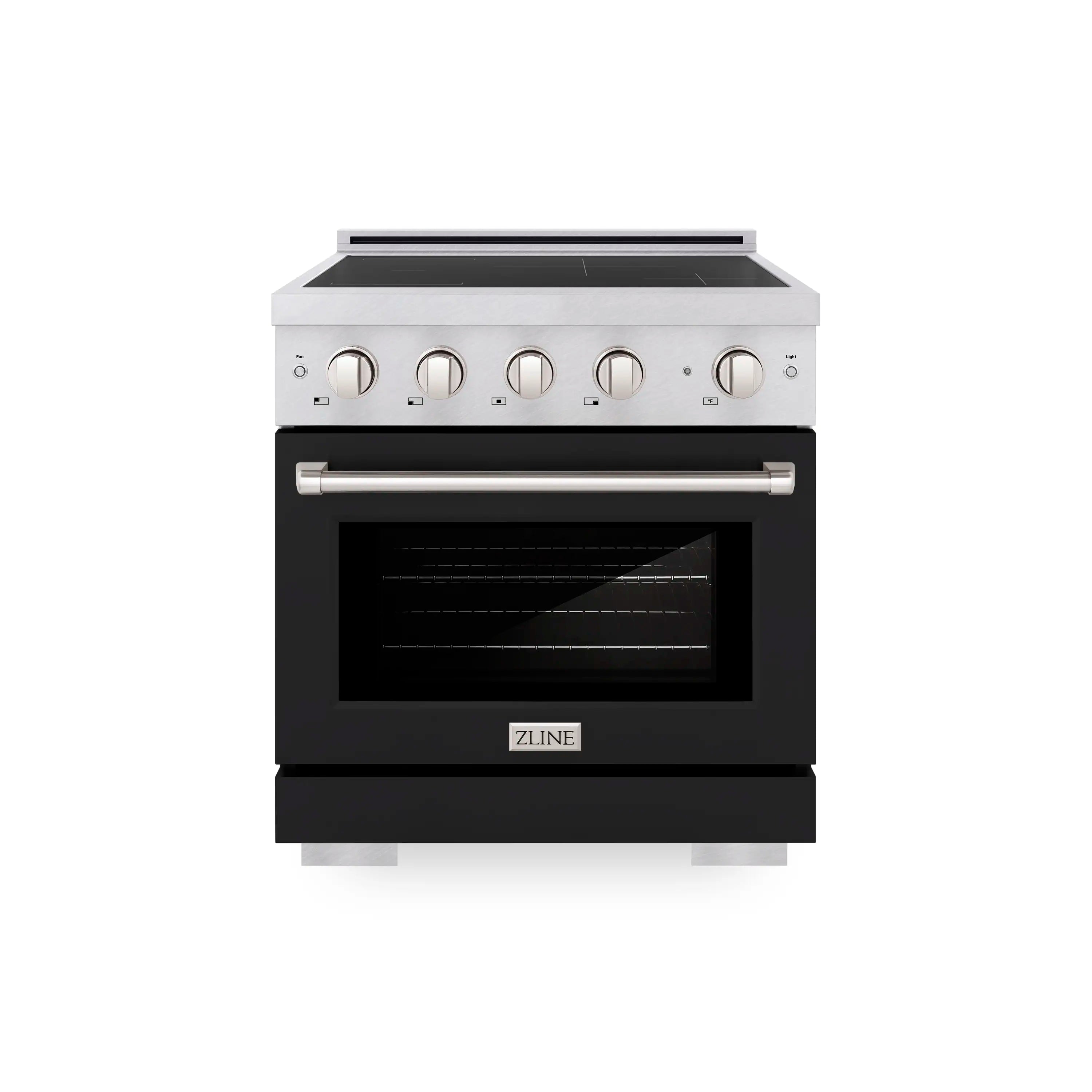 30-inch induction range with satin stainless finish, black oven door, and knobs