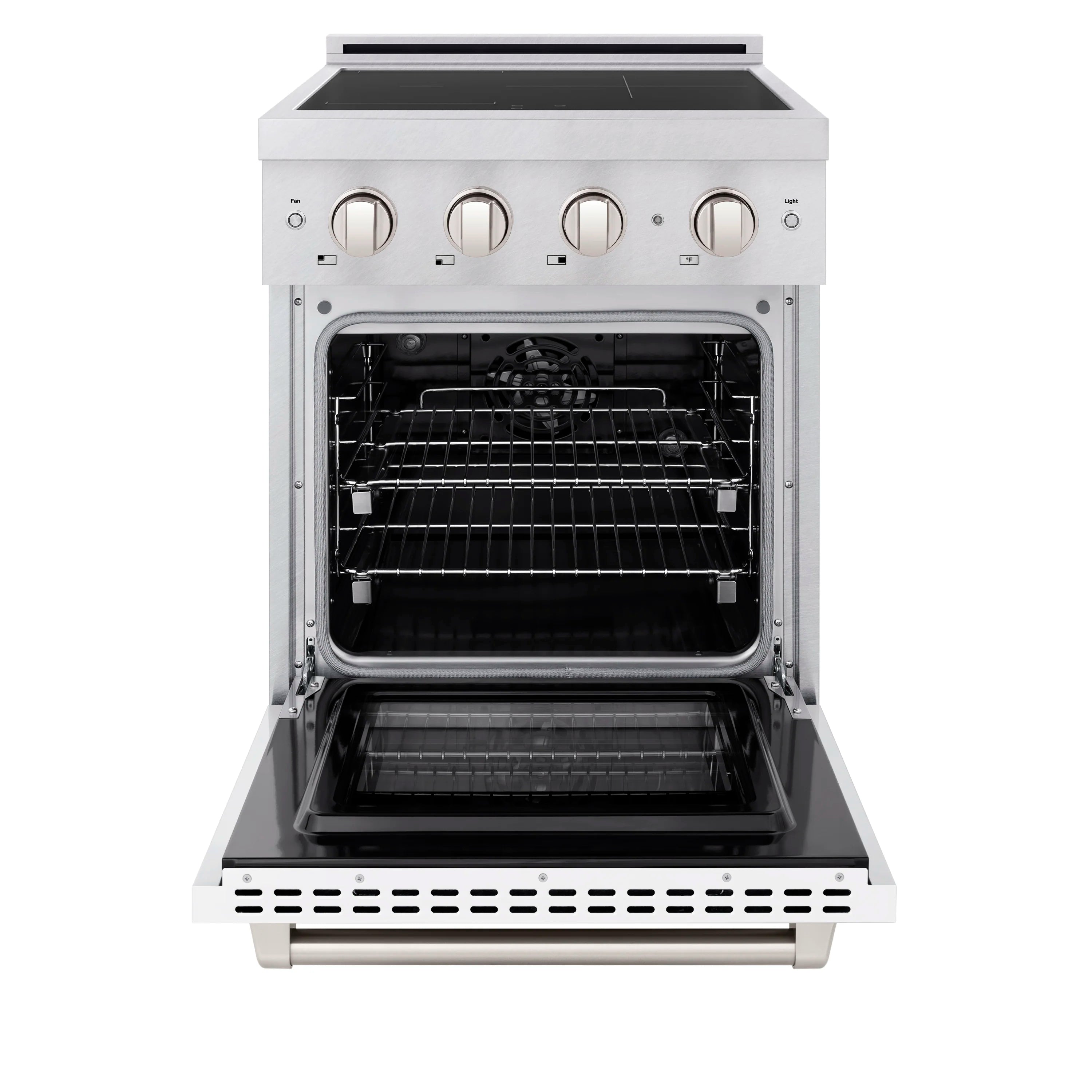 Open convection oven door with interior racks and three control knobs on satin front