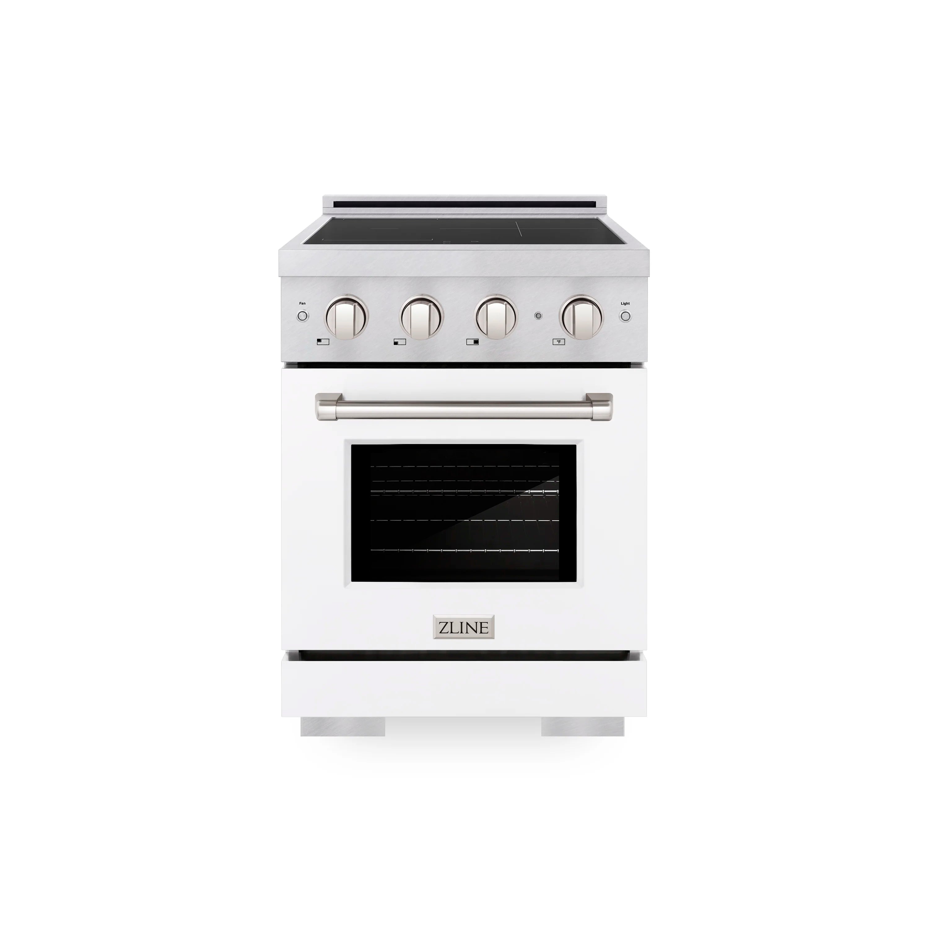 Front view of satin stainless induction range with black glass cooktop and oven window