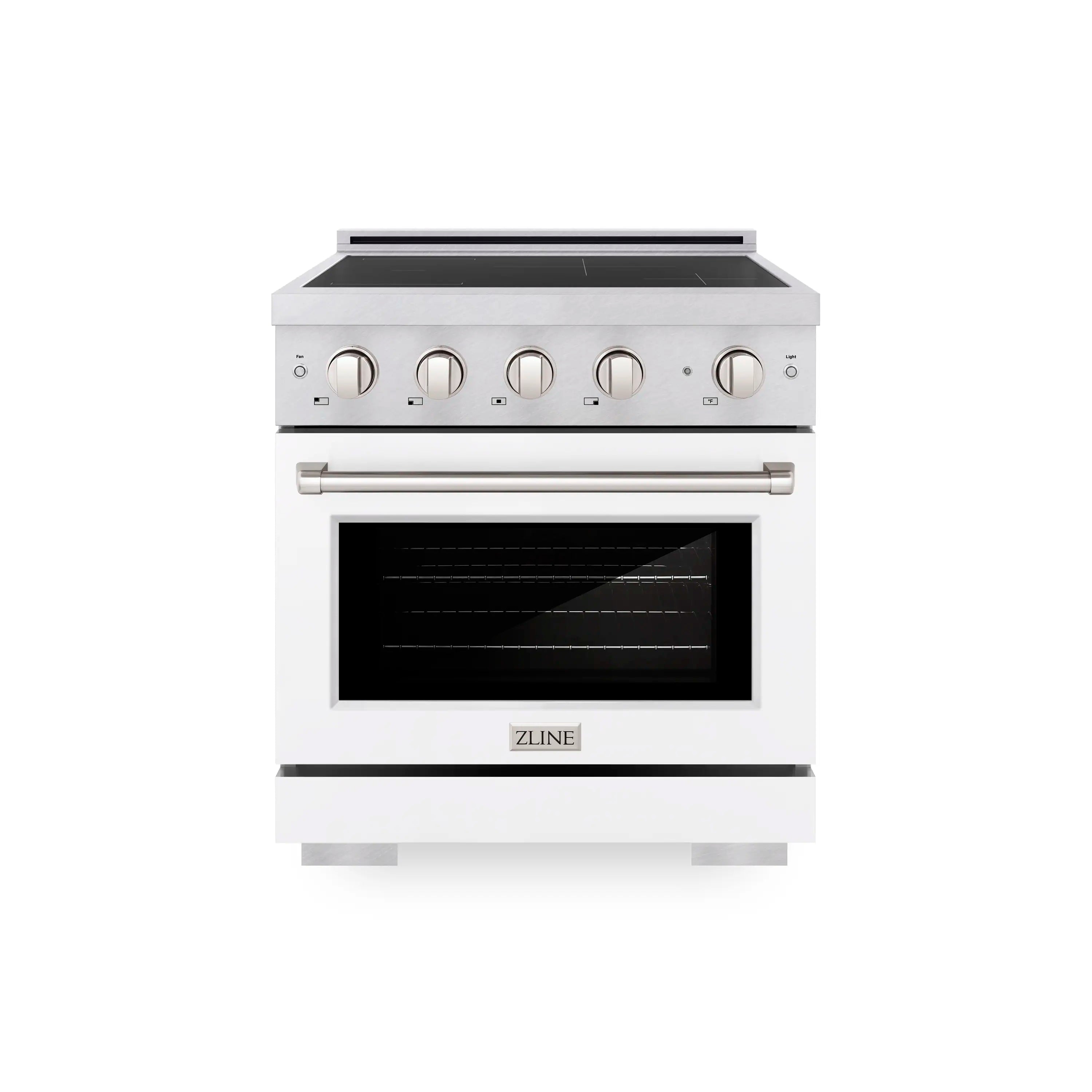 Satin stainless induction range with black glass cooktop and white matte oven door