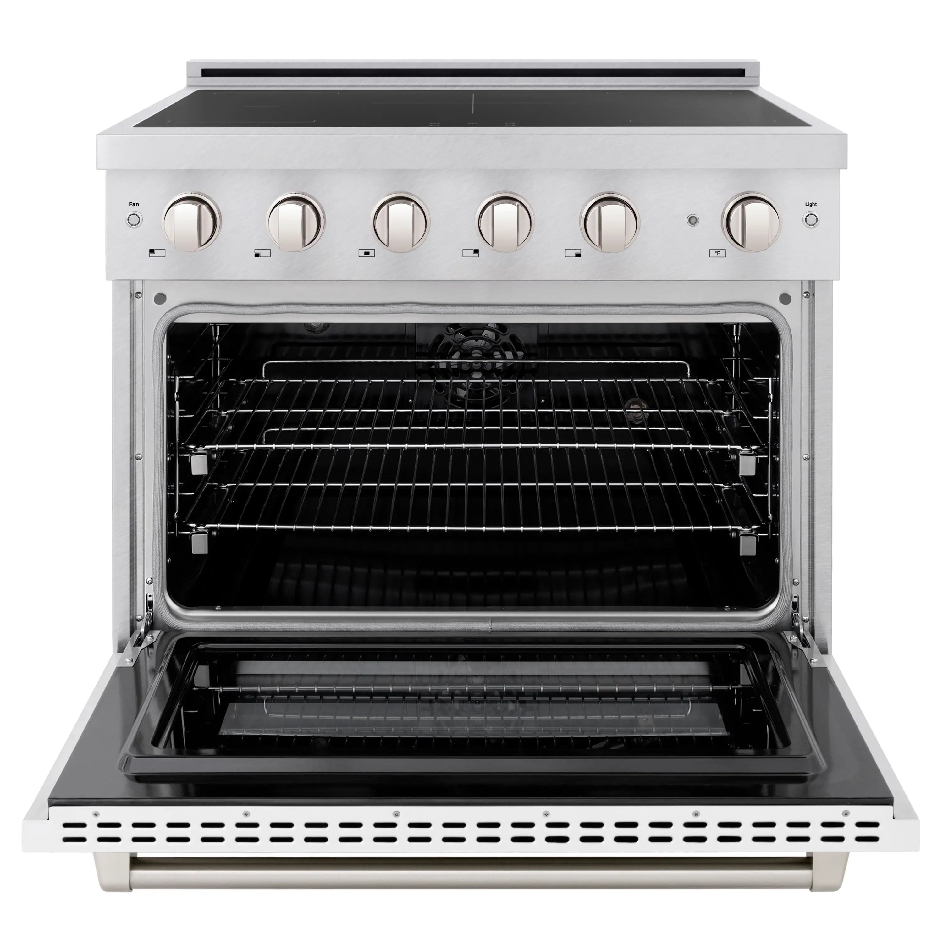 Electric convection oven with open door and rack inside, satin stainless range