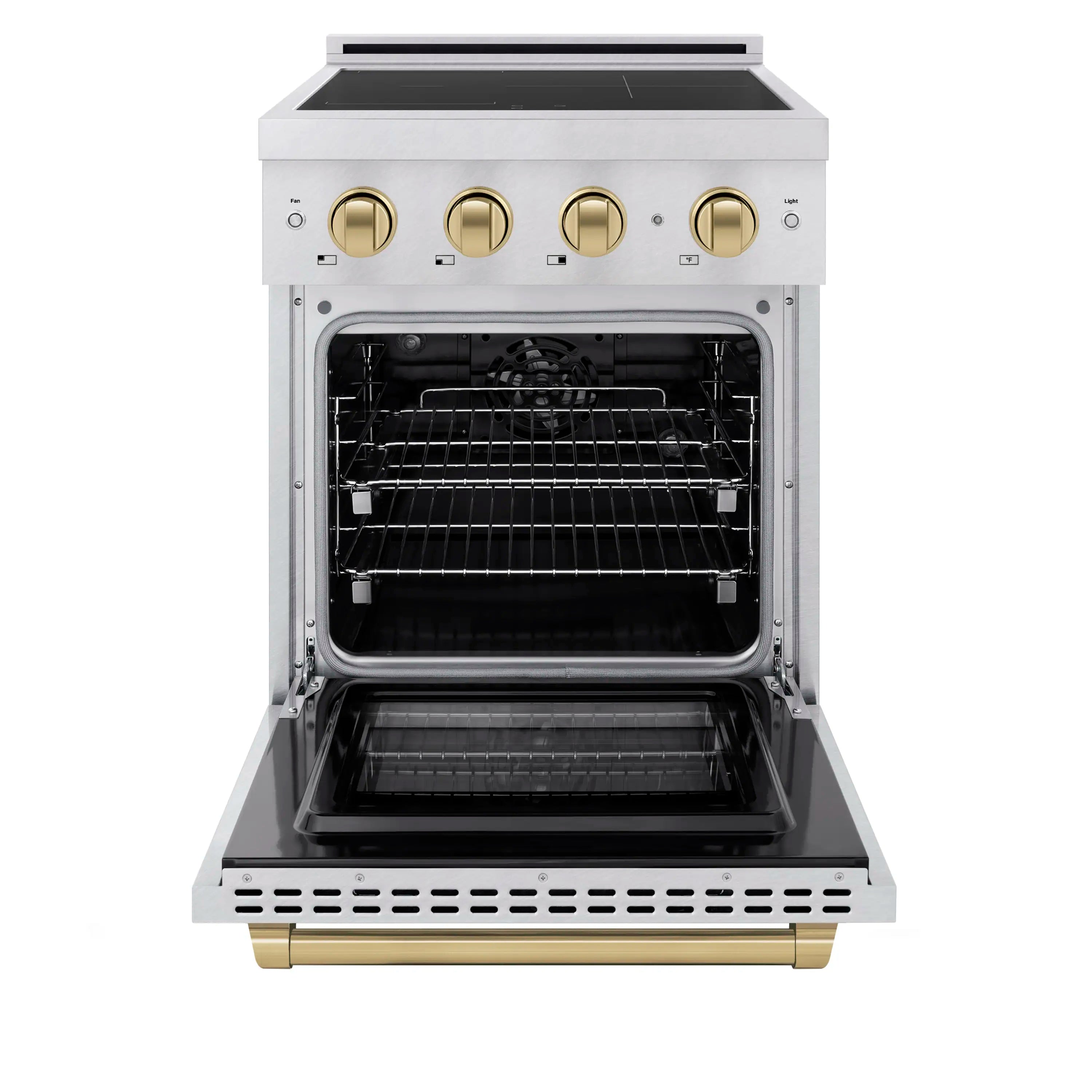 Satin stainless steel electric convection oven with open door and wire rack