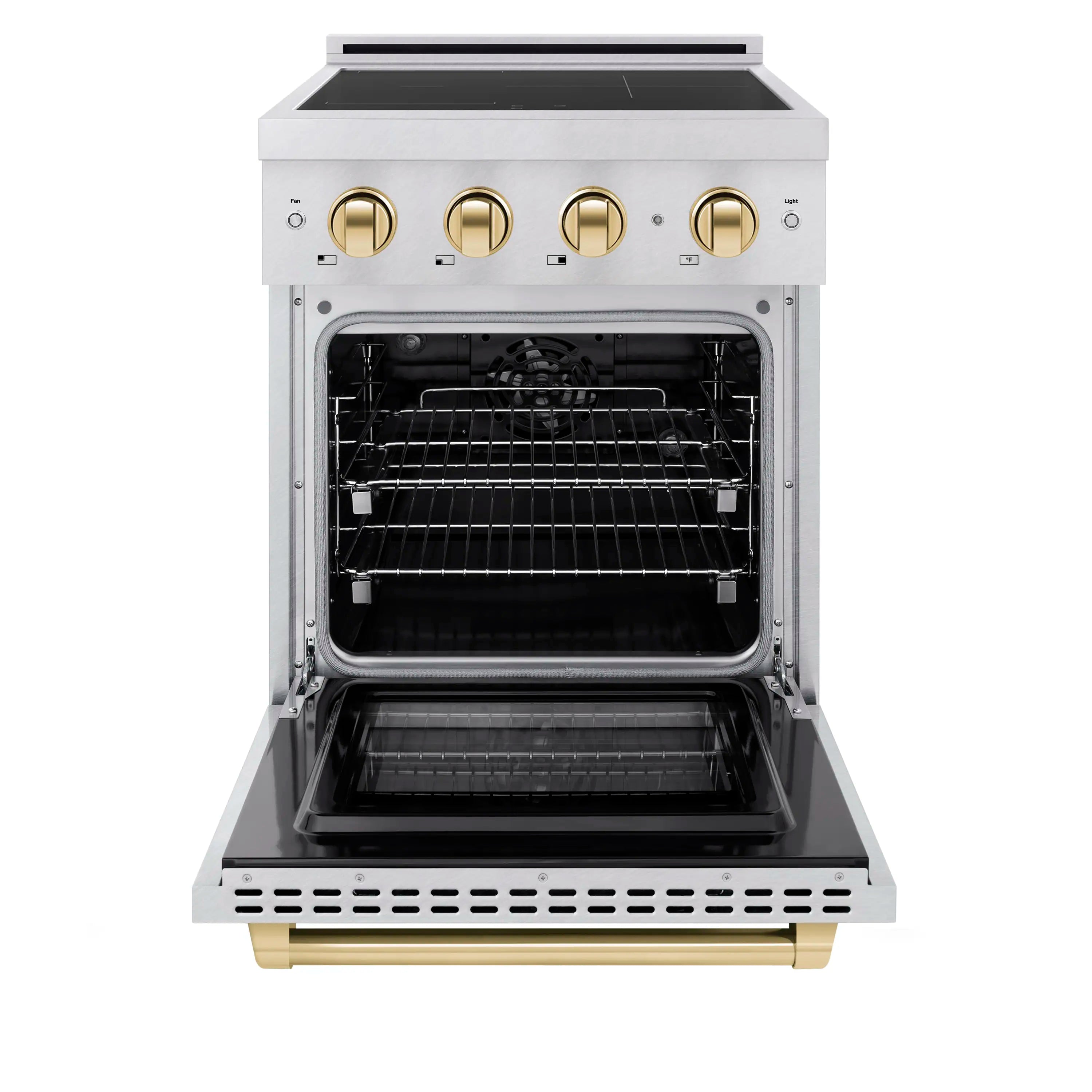 Electric convection oven door open, satin stainless range with gold control knobs.