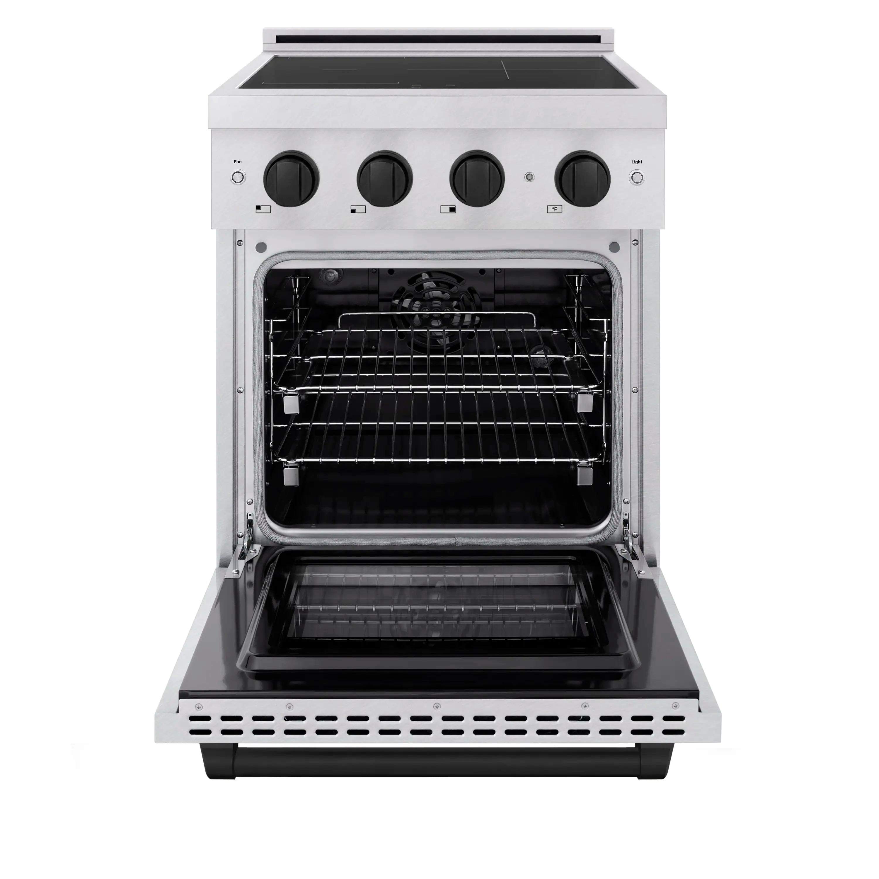 Induction range oven with open door, wire rack inside, and control knobs above