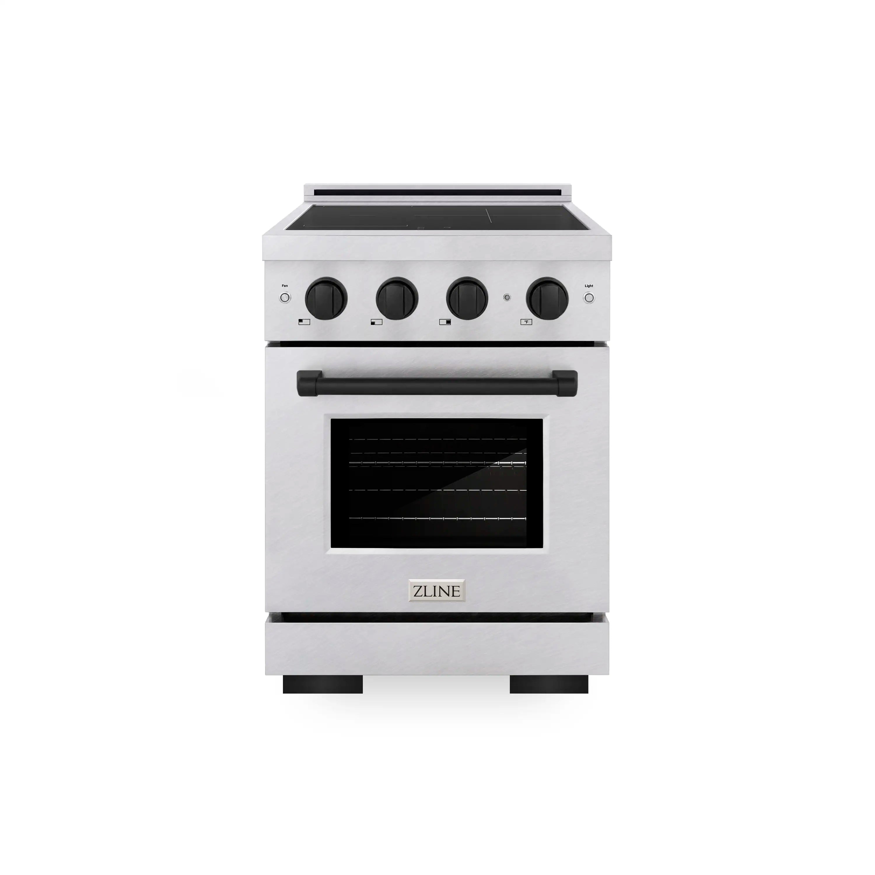 Satin stainless induction range with black cooktop, control knobs, and oven door