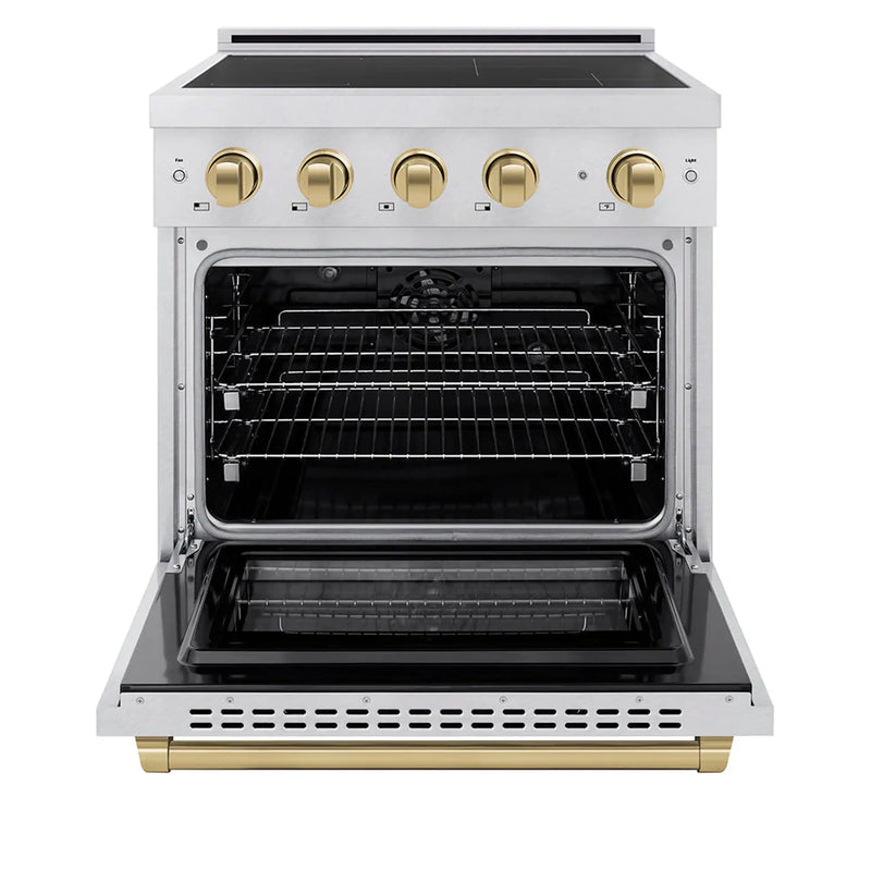ZLINE 30-Inch, 4.2 Cu. Ft. Paramount Induction Range with 4 Element Cooktop and Electric Convection Oven in Satin Stainless Steel with Champagne Bronze Accents (SINRSZ-30-CB)