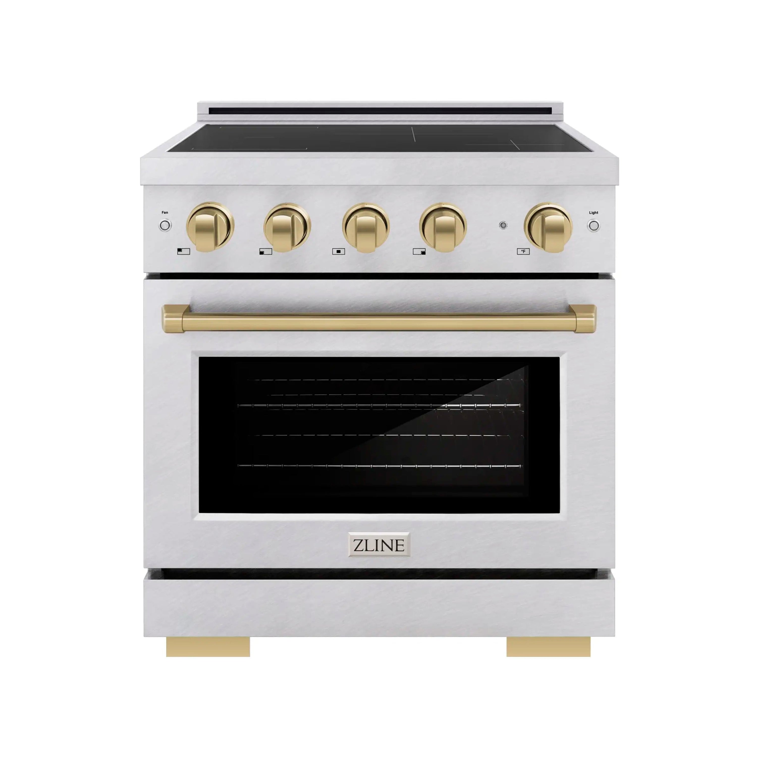 Induction range front with gold knobs, gold handle bar, and ZLINE logo