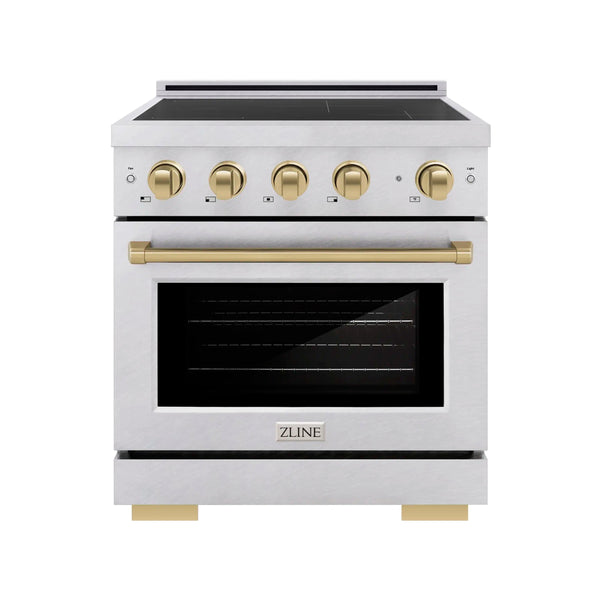 ZLINE 30-Inch, 4.2 Cu. Ft. Paramount Induction Range with 4 Element Cooktop and Electric Convection Oven in Satin Stainless Steel with Champagne Bronze Accents (SINRSZ-30-CB)