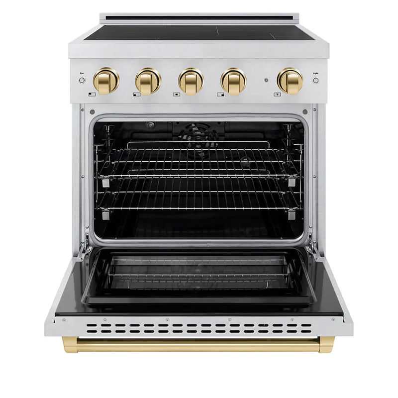 ZLINE 30-Inch, 4.2 Cu. Ft. Paramount Induction Range with 4 Element Cooktop and Electric Convection Oven in Satin Stainless Steel with Polished Gold Accents (SINRSZ-30-G)