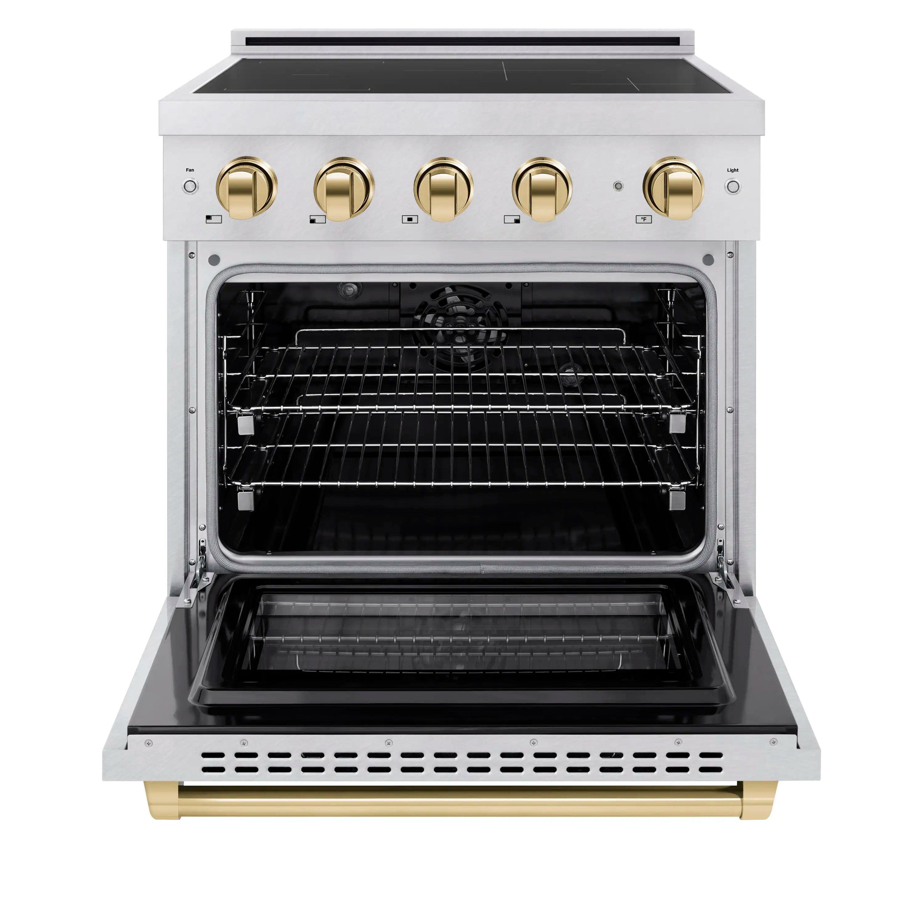 Induction range with oven door open, black racks and polished gold control knobs