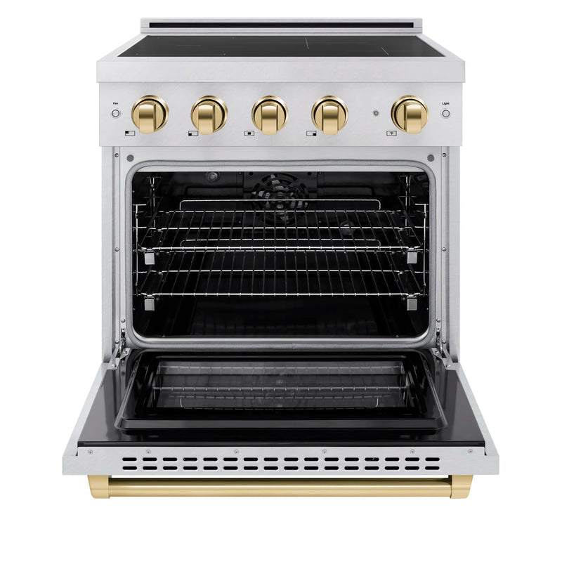 ZLINE 30-Inch, 4.2 Cu. Ft. Paramount Induction Range with 4 Element Cooktop and Electric Convection Oven in Satin Stainless Steel with Polished Gold Accents (SINRSZ-30-G)