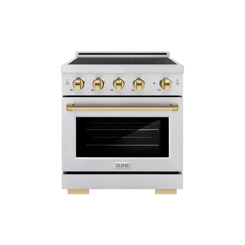 ZLINE 30-Inch, 4.2 Cu. Ft. Paramount Induction Range with 4 Element Cooktop and Electric Convection Oven in Satin Stainless Steel with Polished Gold Accents (SINRSZ-30-G)