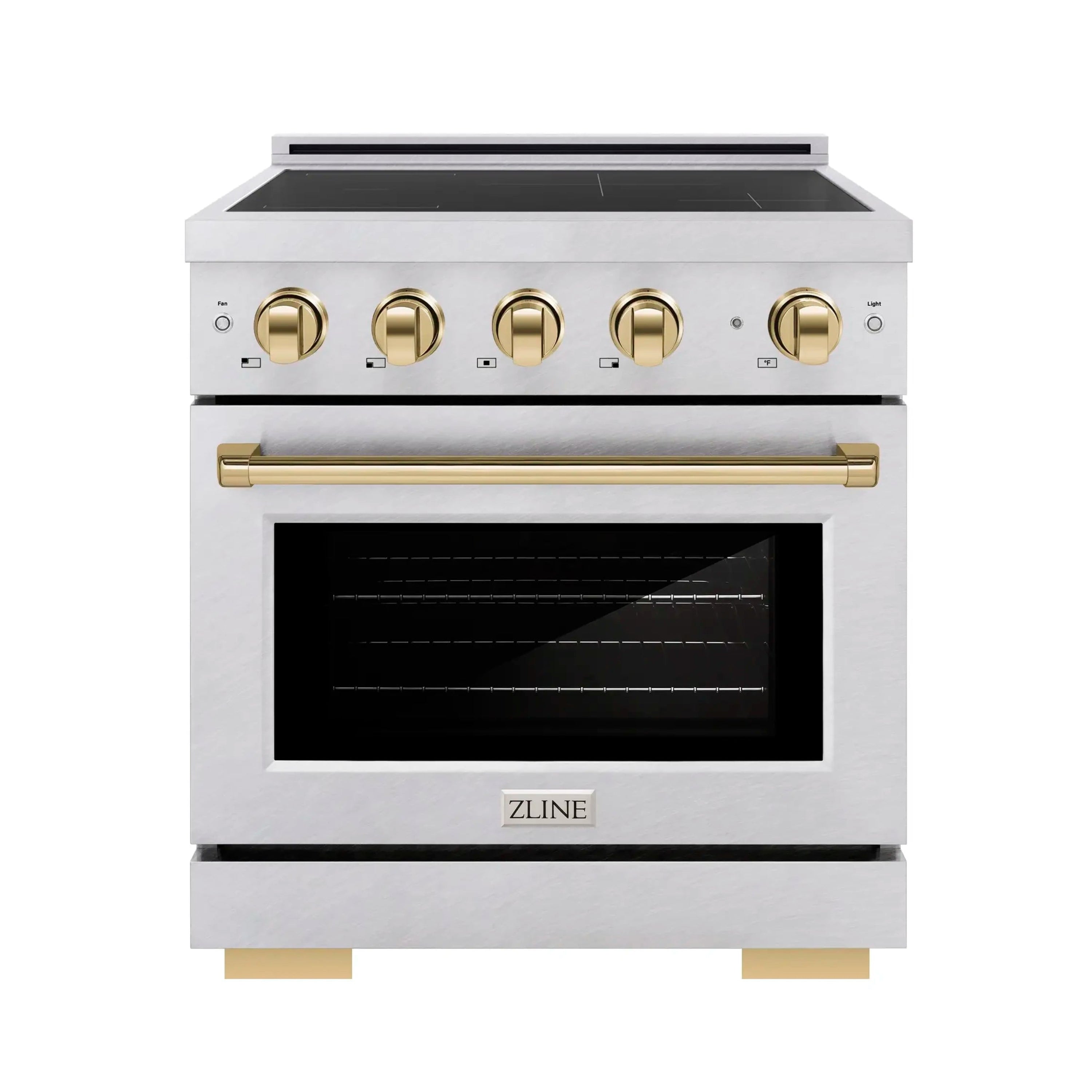 Satin stainless induction range with oven window and polished gold control knobs