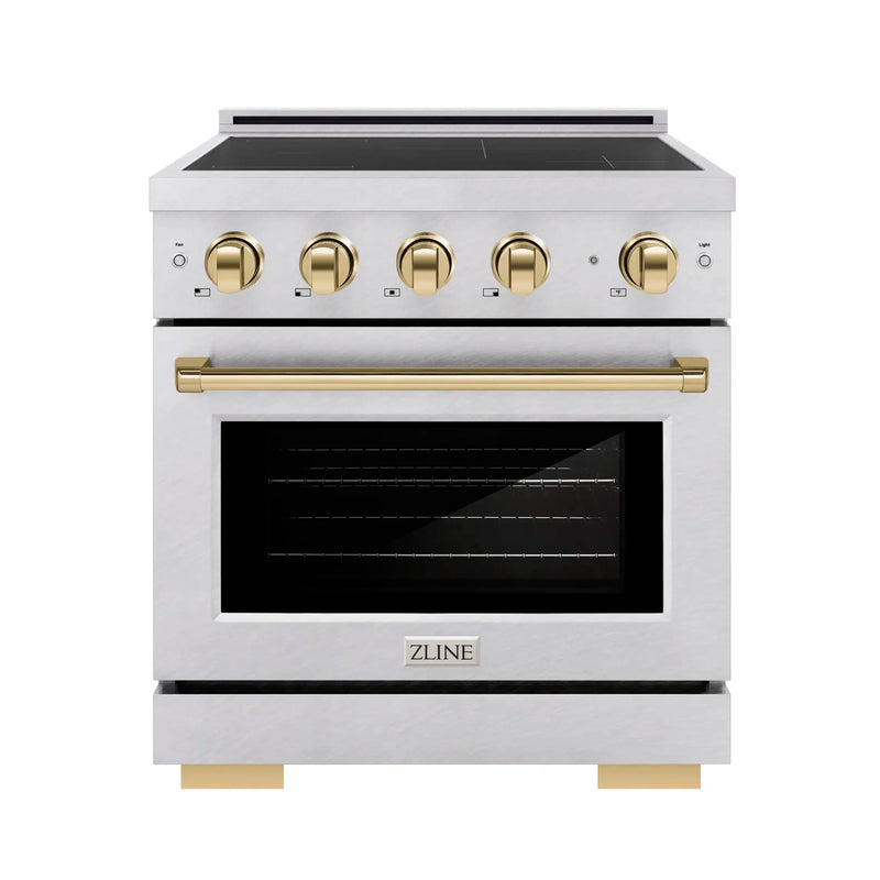 ZLINE 30-Inch, 4.2 Cu. Ft. Paramount Induction Range with 4 Element Cooktop and Electric Convection Oven in Satin Stainless Steel with Polished Gold Accents (SINRSZ-30-G)