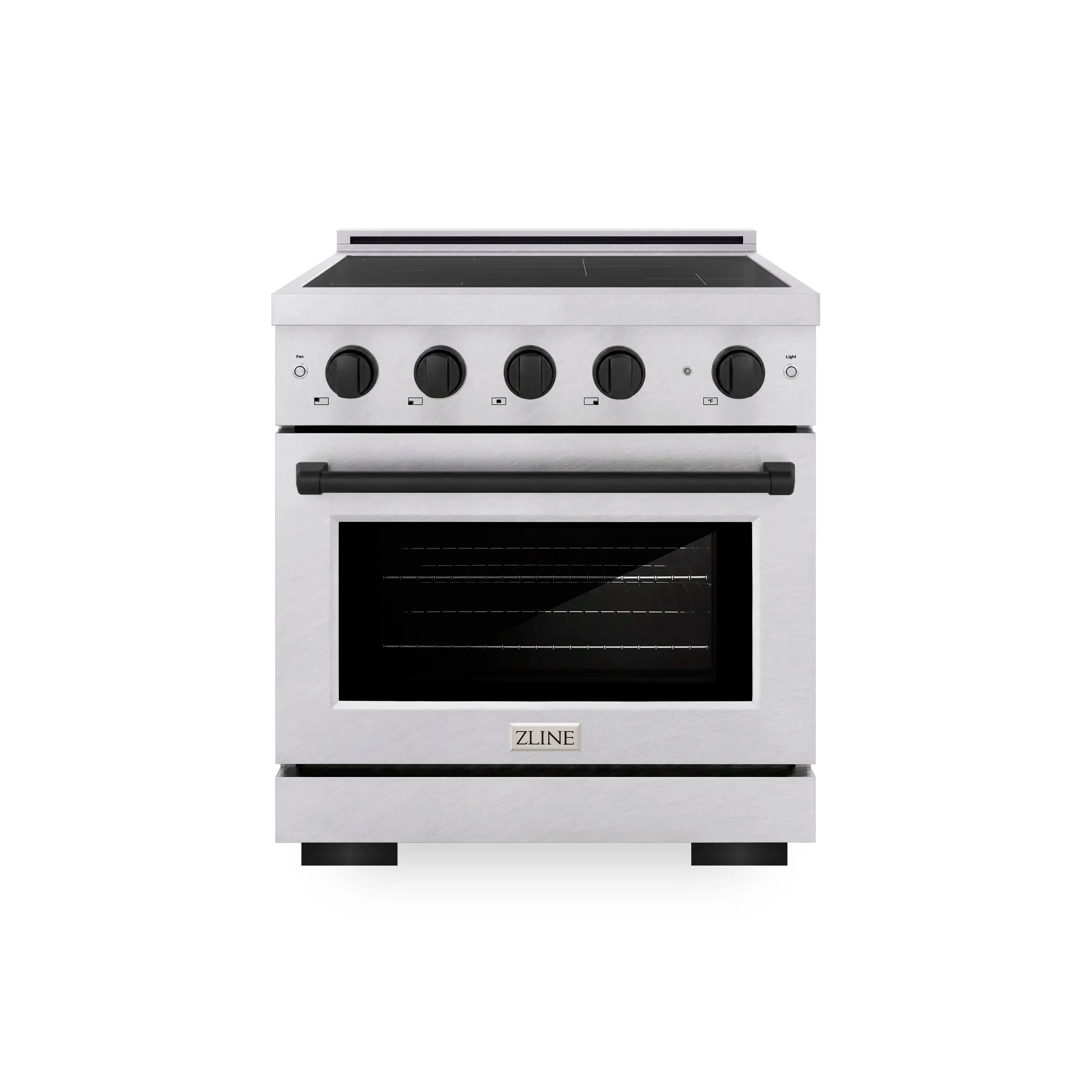 Satin stainless steel induction range with four cooktop knobs and convection oven door