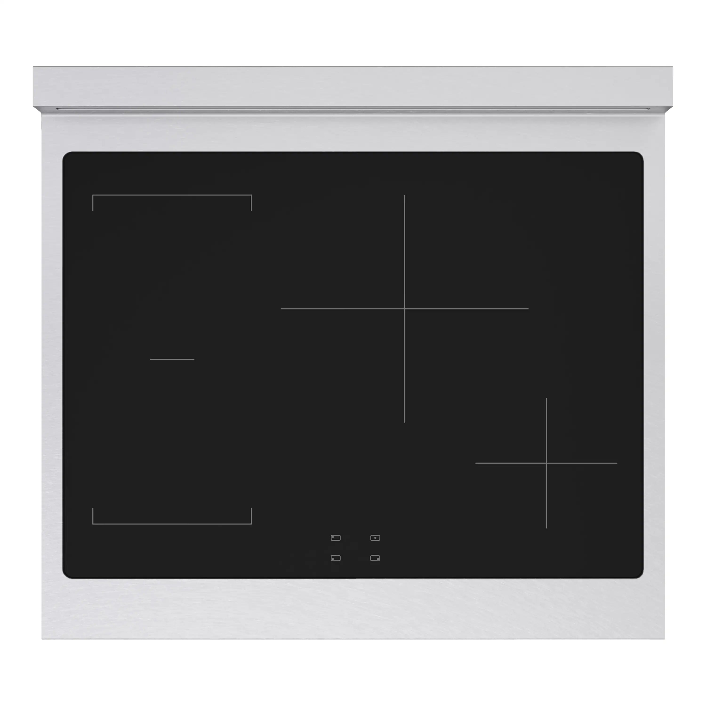 Black glass cooktop with touch controls and burner outlines on the surface