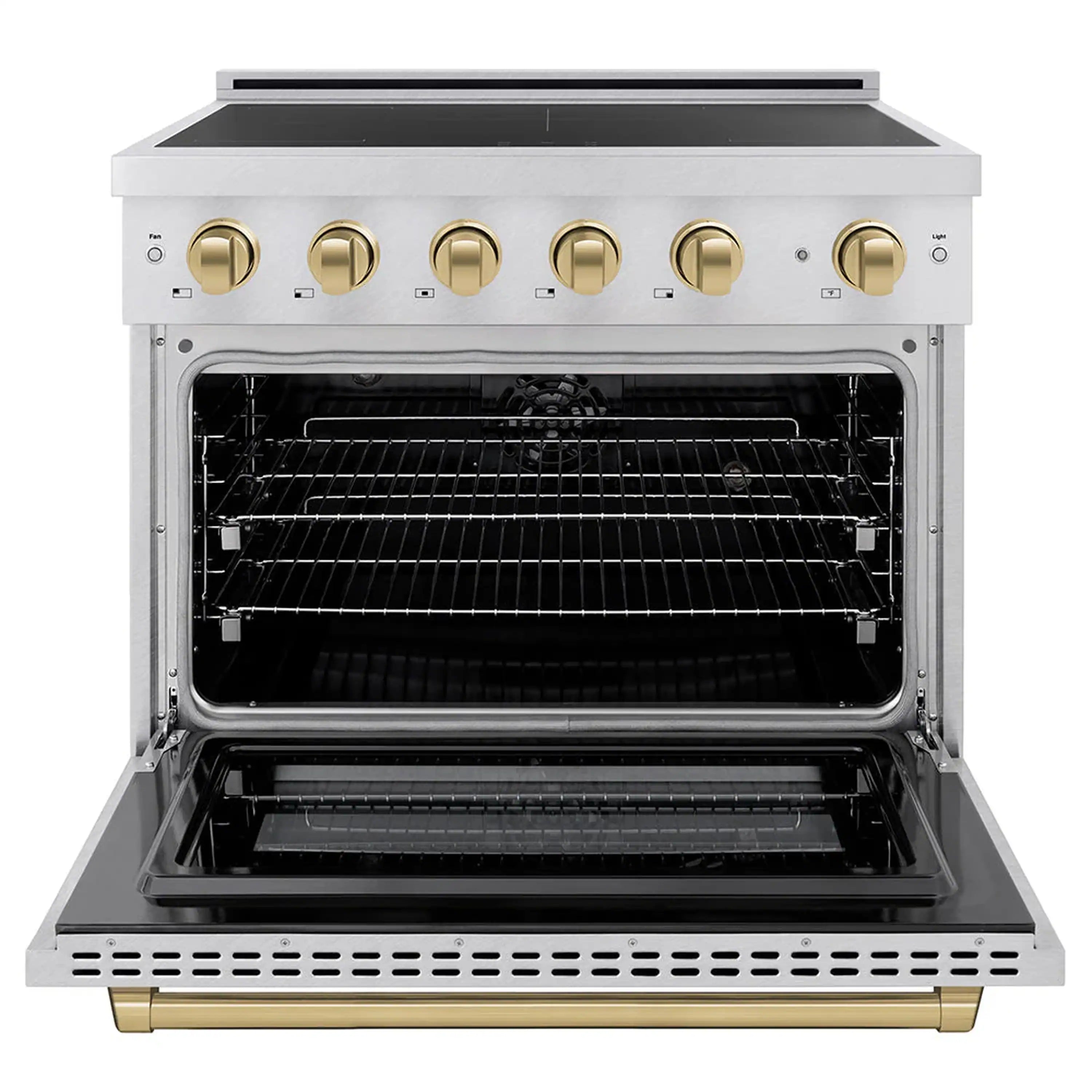 Satin stainless steel electric induction range with open oven door and champagne bronze knobs